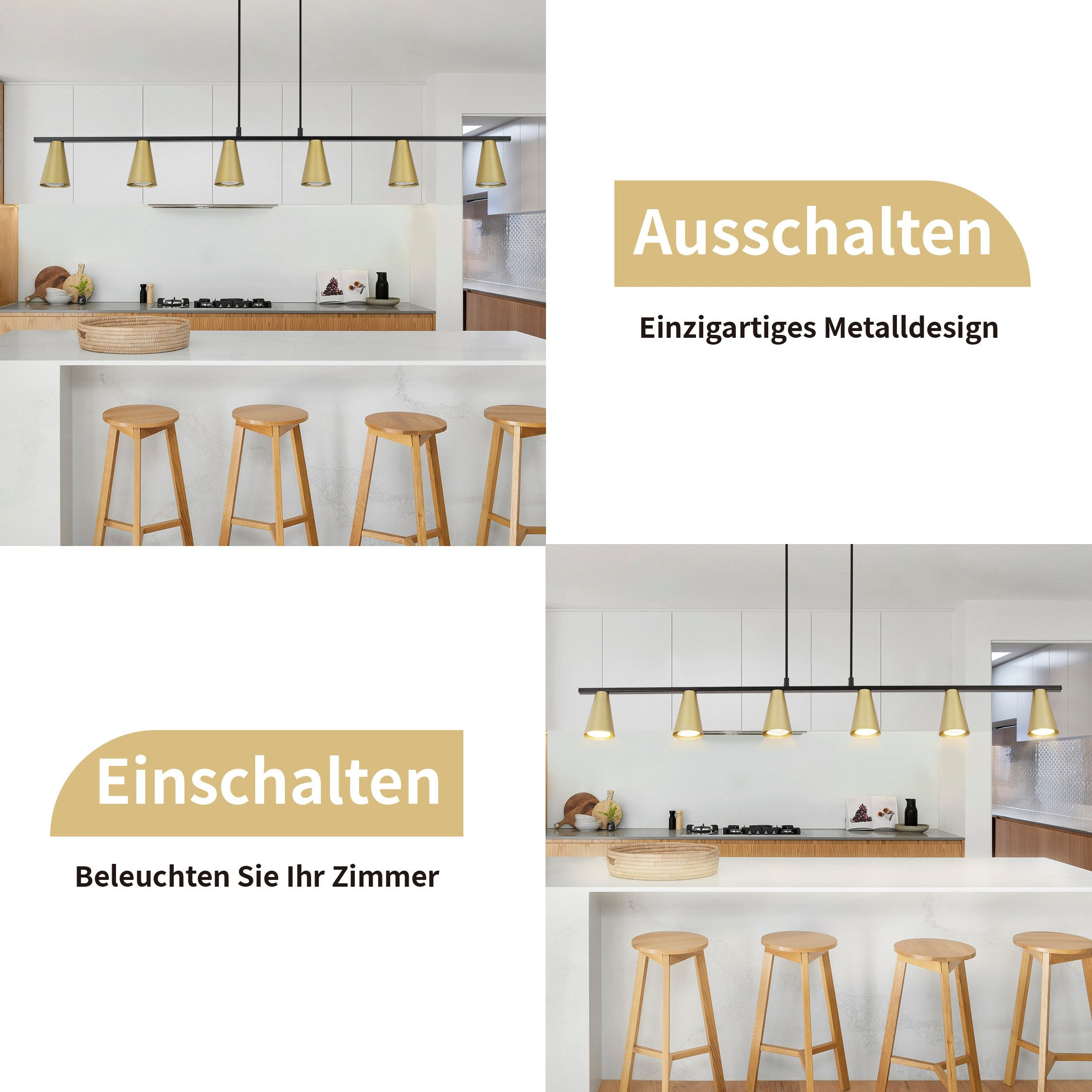 Küche mit einer Reihe goldener Pendelleuchten und Hockern unter einer weißen Arbeitsplatte.