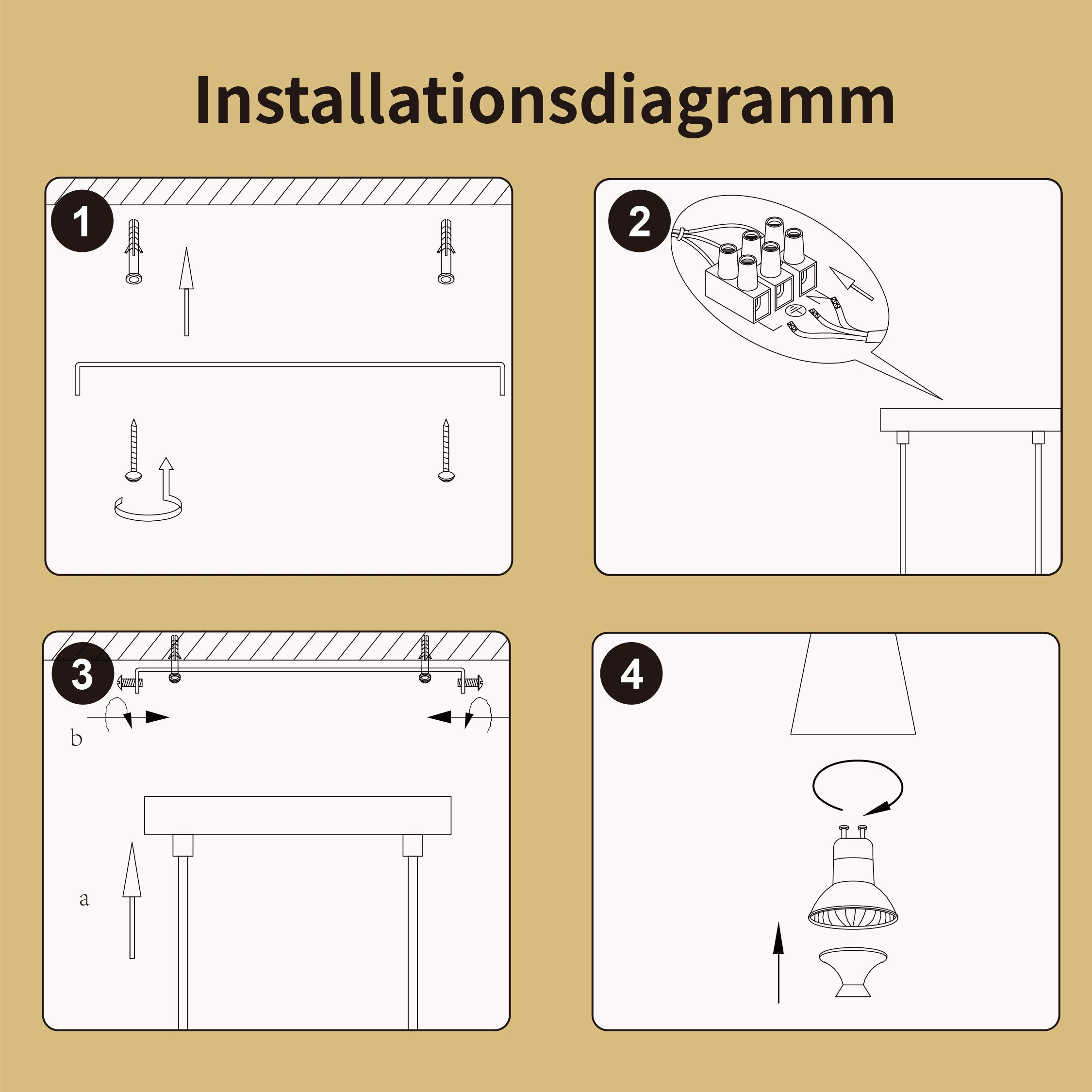Installationsdiagramm mit vier Schritten zur Montage einer Leuchte auf braunem Hintergrund.