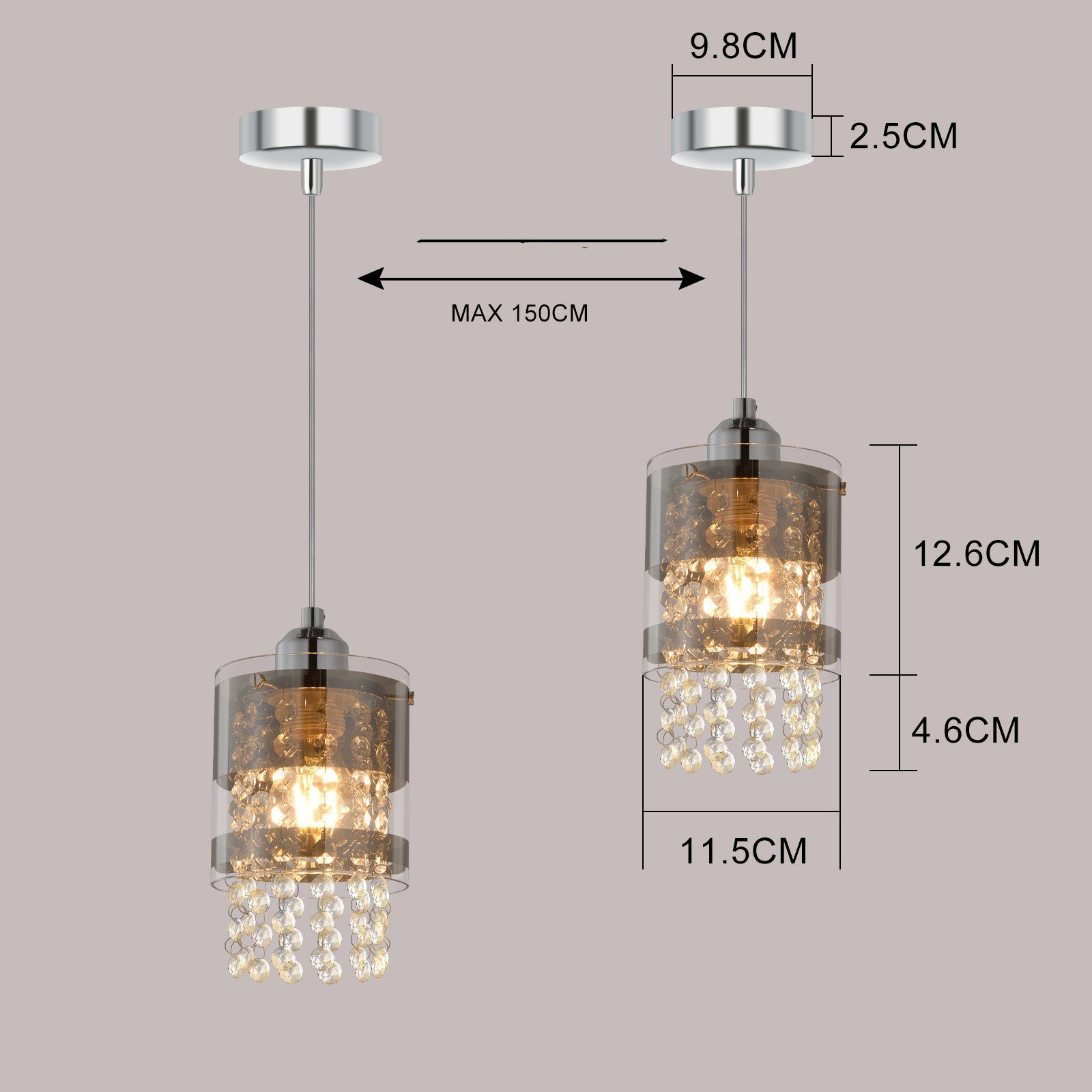Dwie lampy wiszące z cylindrycznymi kloszami i kryształowymi akcentami. Wymiary są pokazane. Maks. odległość 150cm.