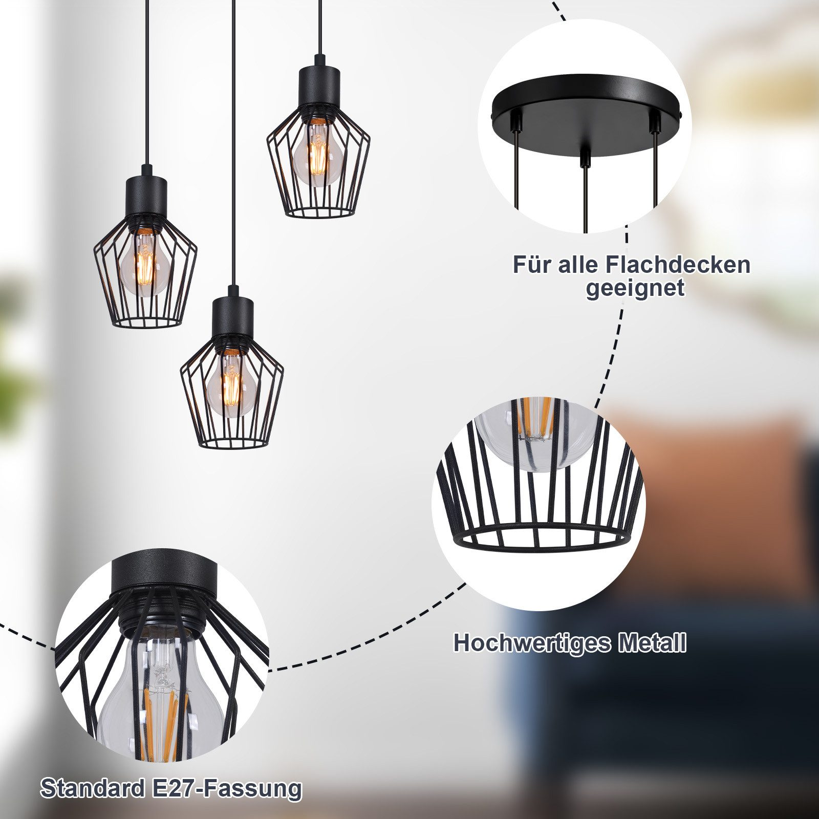 Drei schwarze Pendelleuchten mit Drahtrahmen und Edison-Glühbirnen, vor weißer Wand.