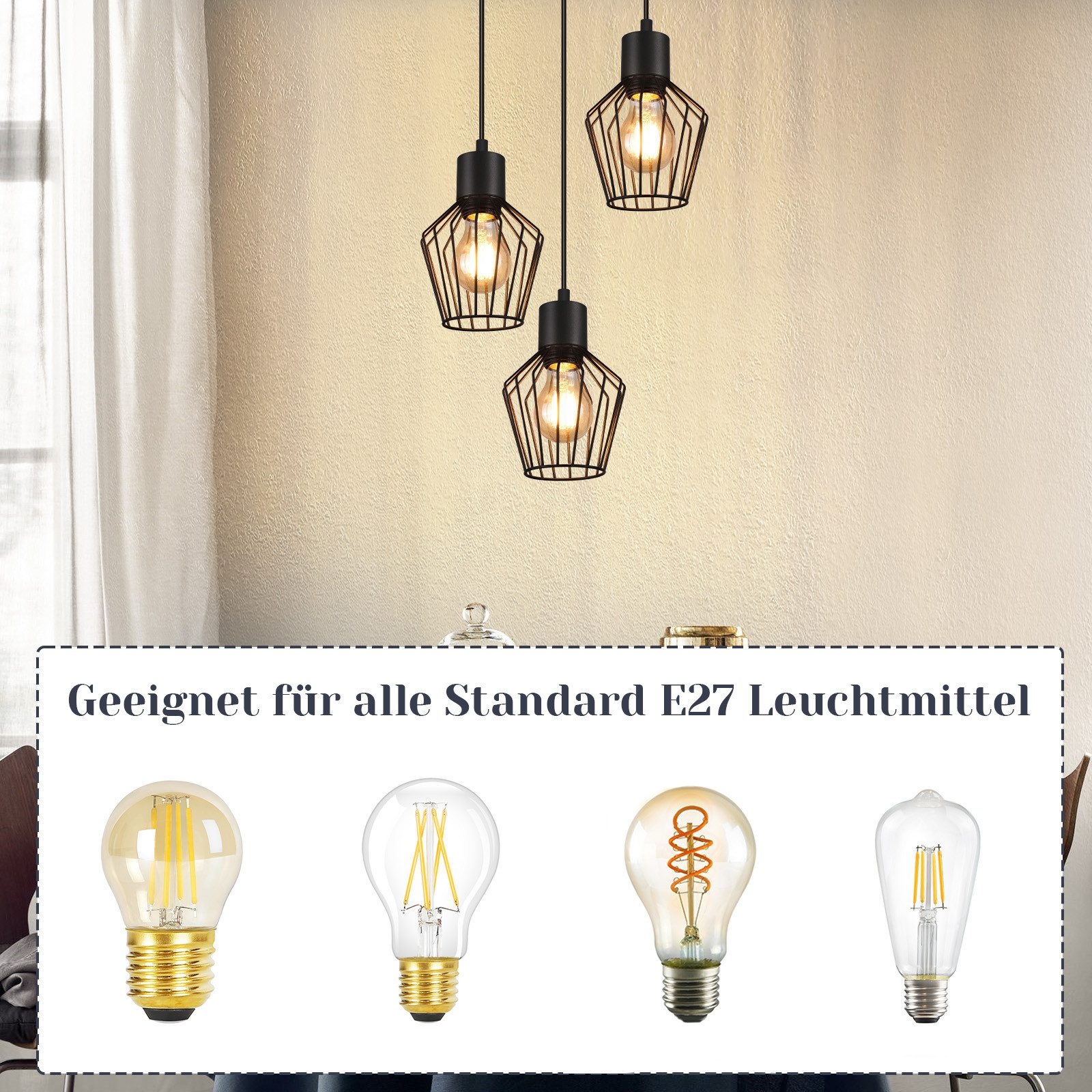 Drei schwarze Drahtrahmen-Pendelleuchten mit verschiedenen E27-Glühbirnen, vor cremefarbener Wand.