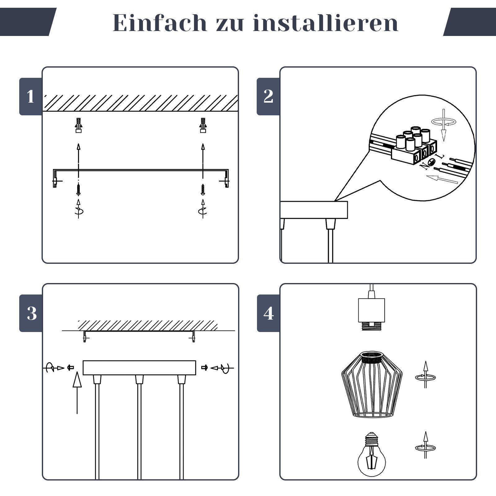 Diagramm zeigt vier Schritte zur Installation einer Leuchte, mit dem Text 'Einfach zu installieren'.