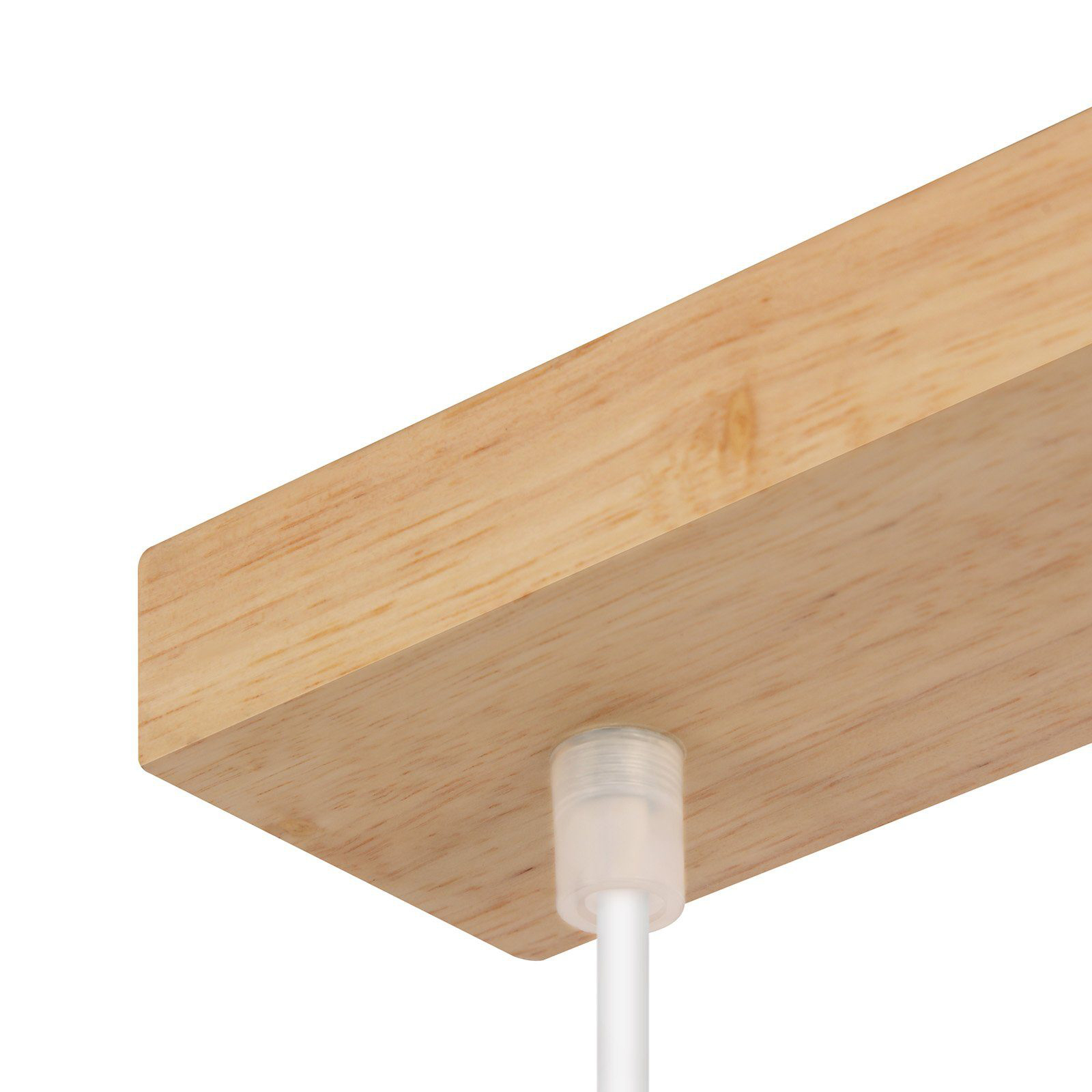 Nahaufnahme eines Holzbalkens mit weißem Kabel und Anschluss für eine Pendelleuchte.