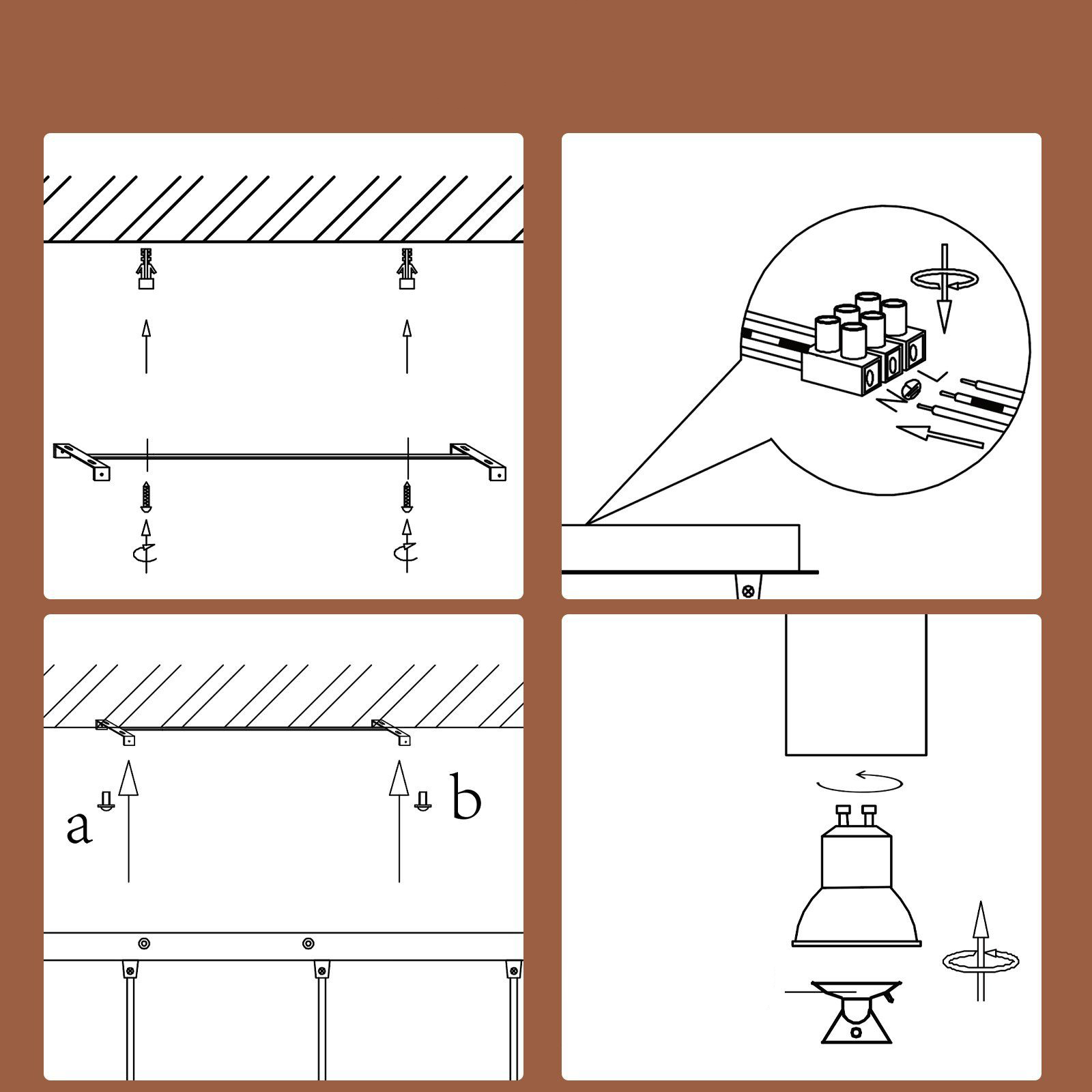 Diagramm zeigt Installationsschritte für eine Leuchte, einschließlich Schraubenplatzierung und Kabelanschlüssen.