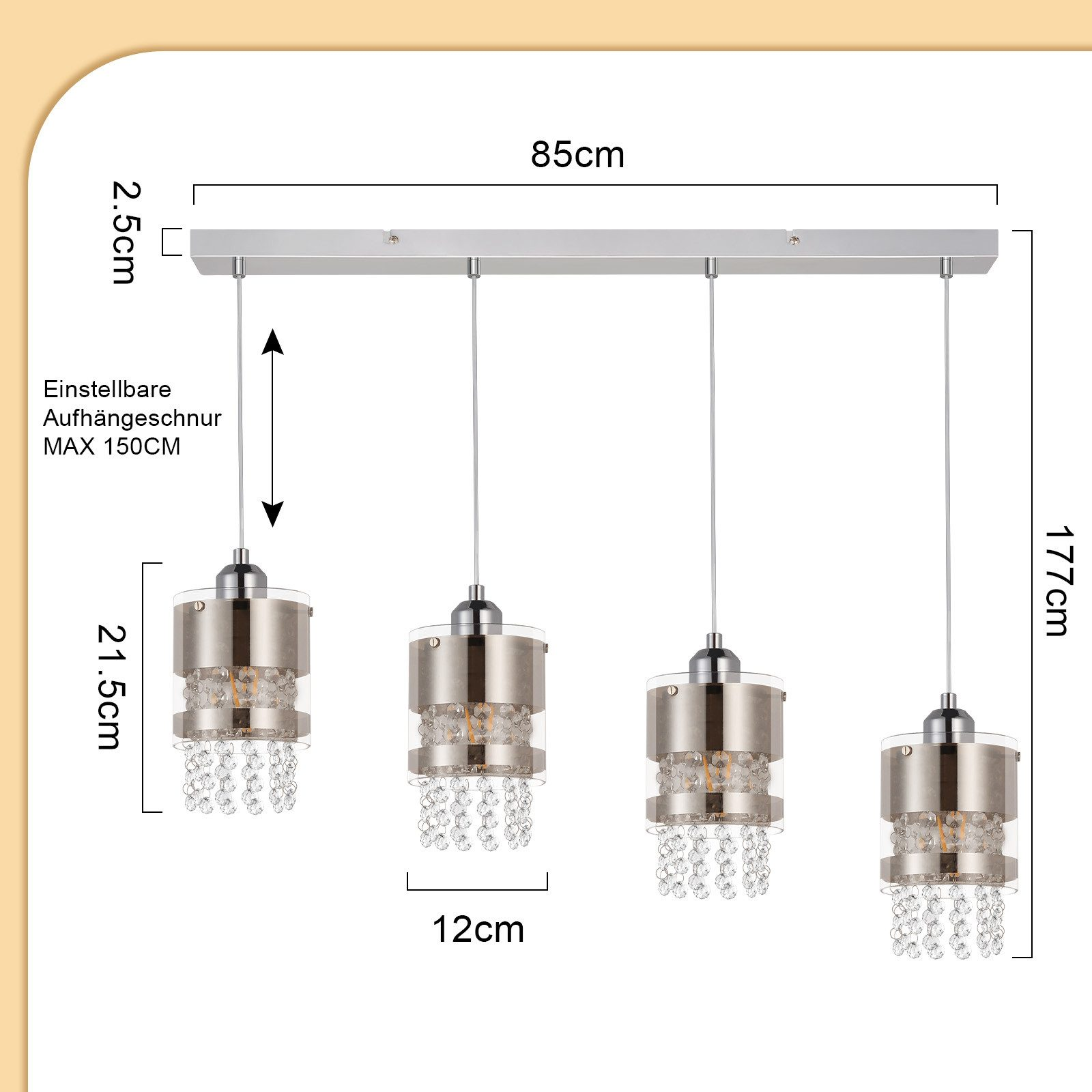 Un set di quattro lampade a sospensione con dimensioni elencate.