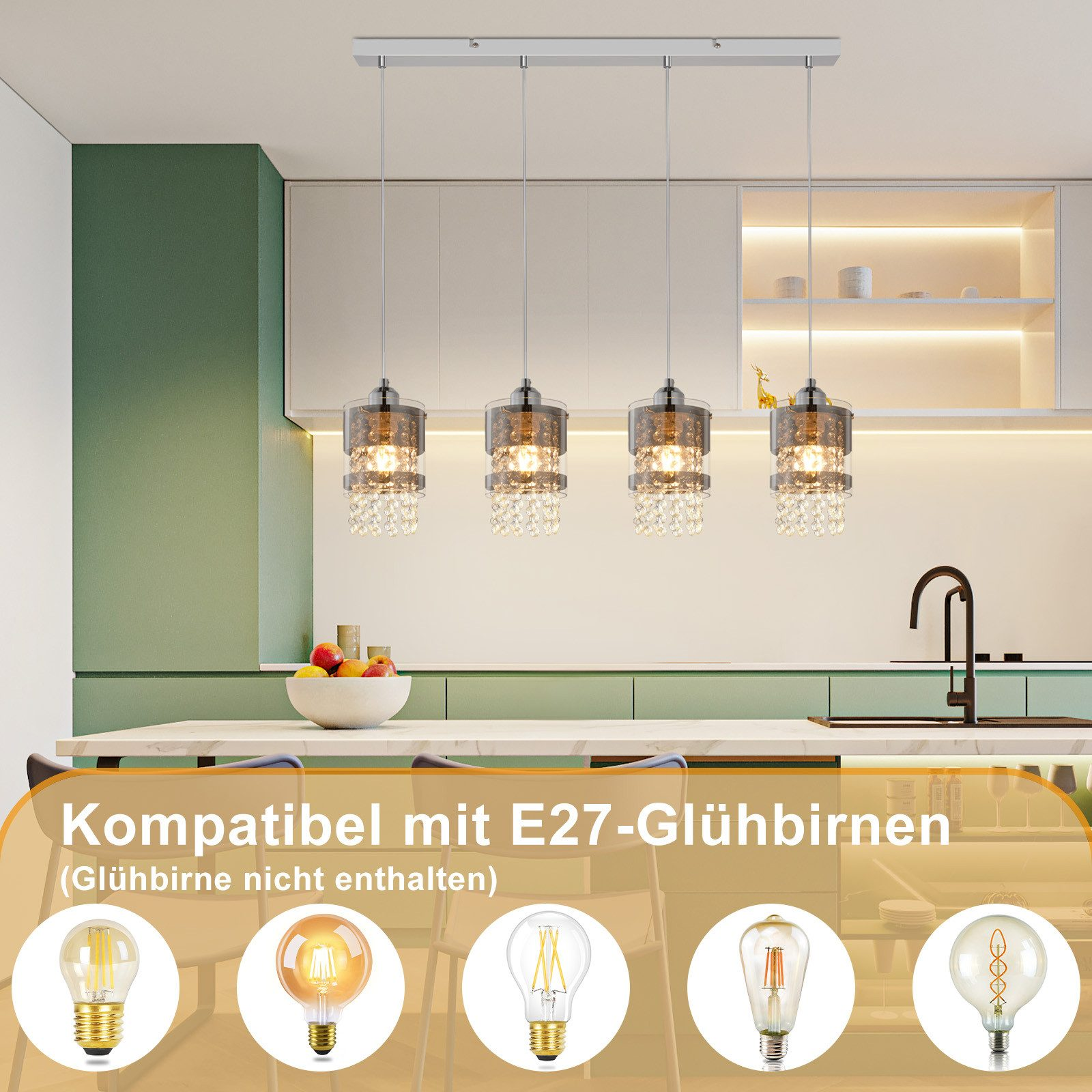 Küche mit Pendelleuchten, Diagramm mit verschiedenen Glühlampentypen.