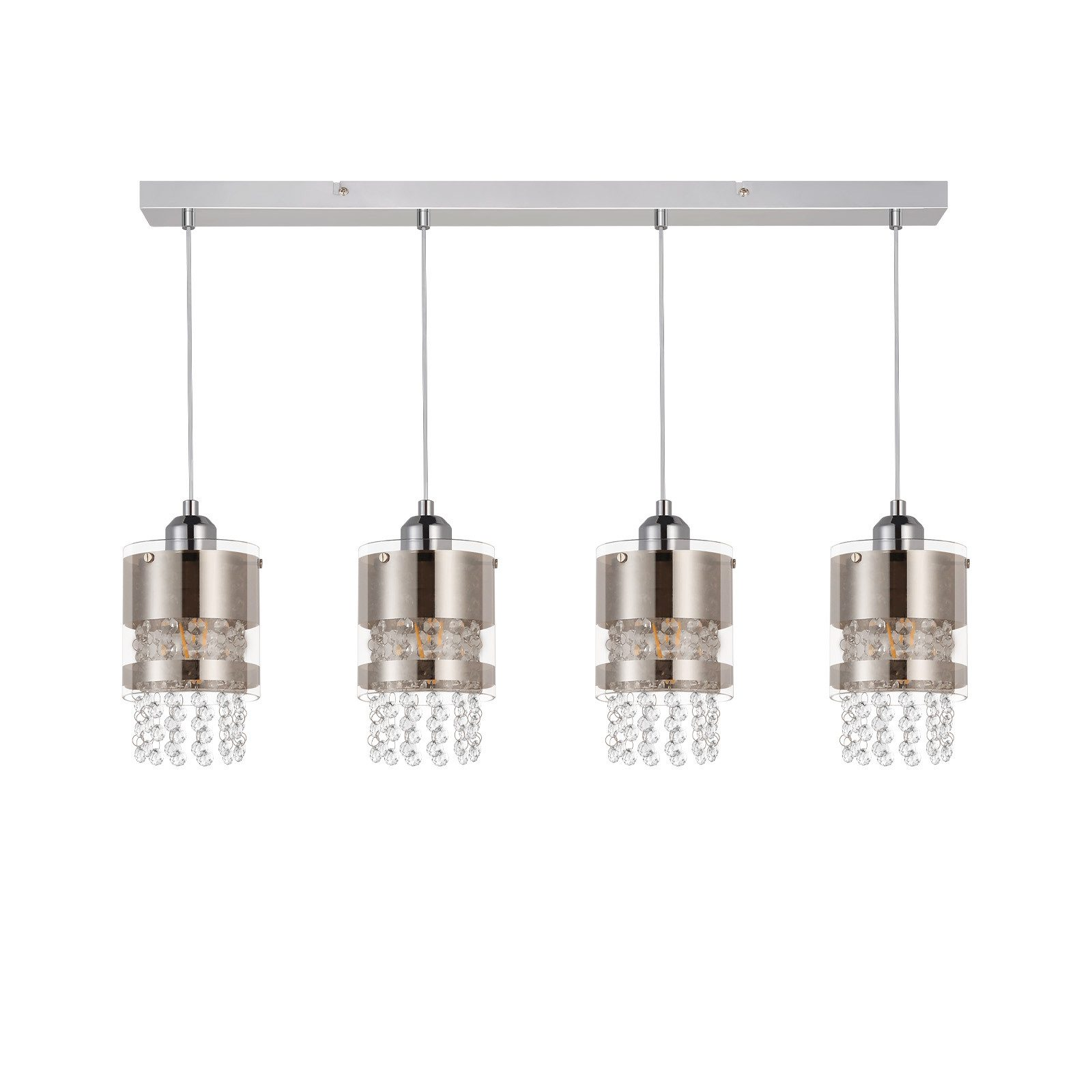 Vier Pendelleuchten mit kristallartigem Design hängen.