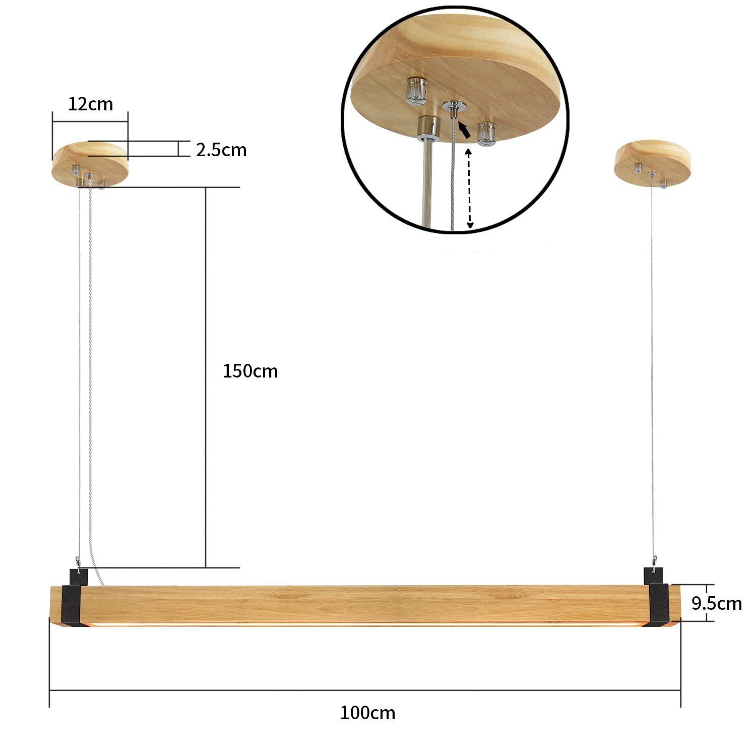 Diagramm einer Holzbalken-Leuchte. Zeigt Abmessungen und Befestigungsdetails. Weißer Hintergrund.
