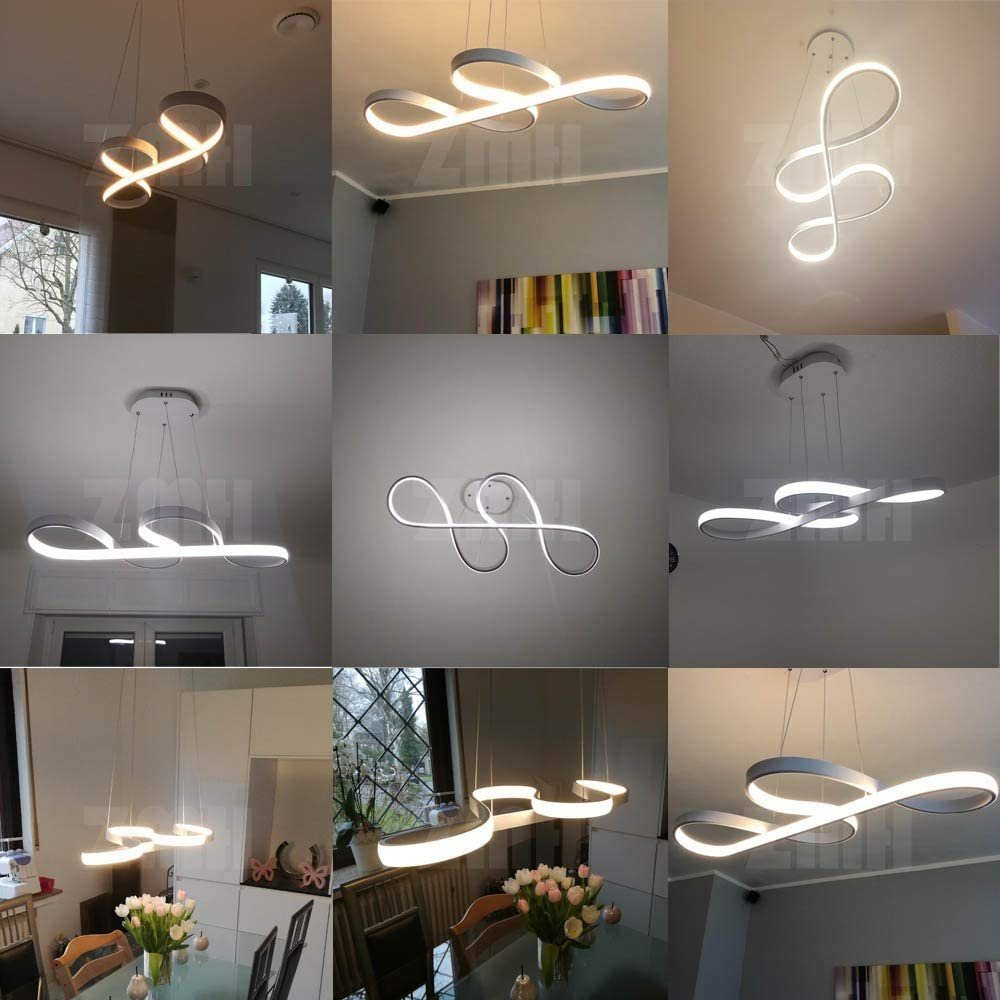 Wiele nowoczesnych lamp wiszących o zakrzywionych kształtach. Pokazano różne pomieszczenia i aranżacje.