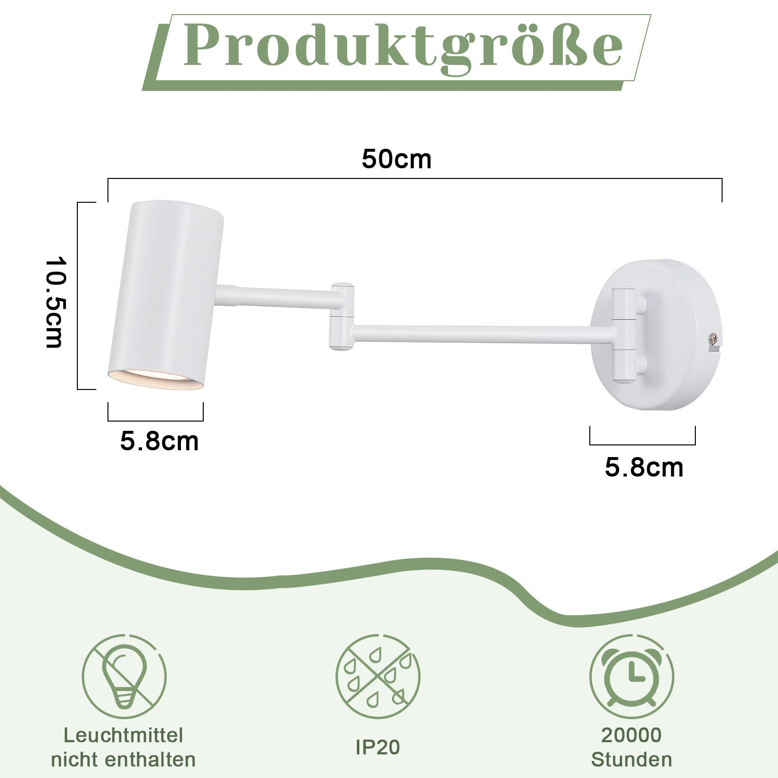 Diagramma che mostra le dimensioni di una lampada da parete bianca regolabile, informazioni sulla lampadina.