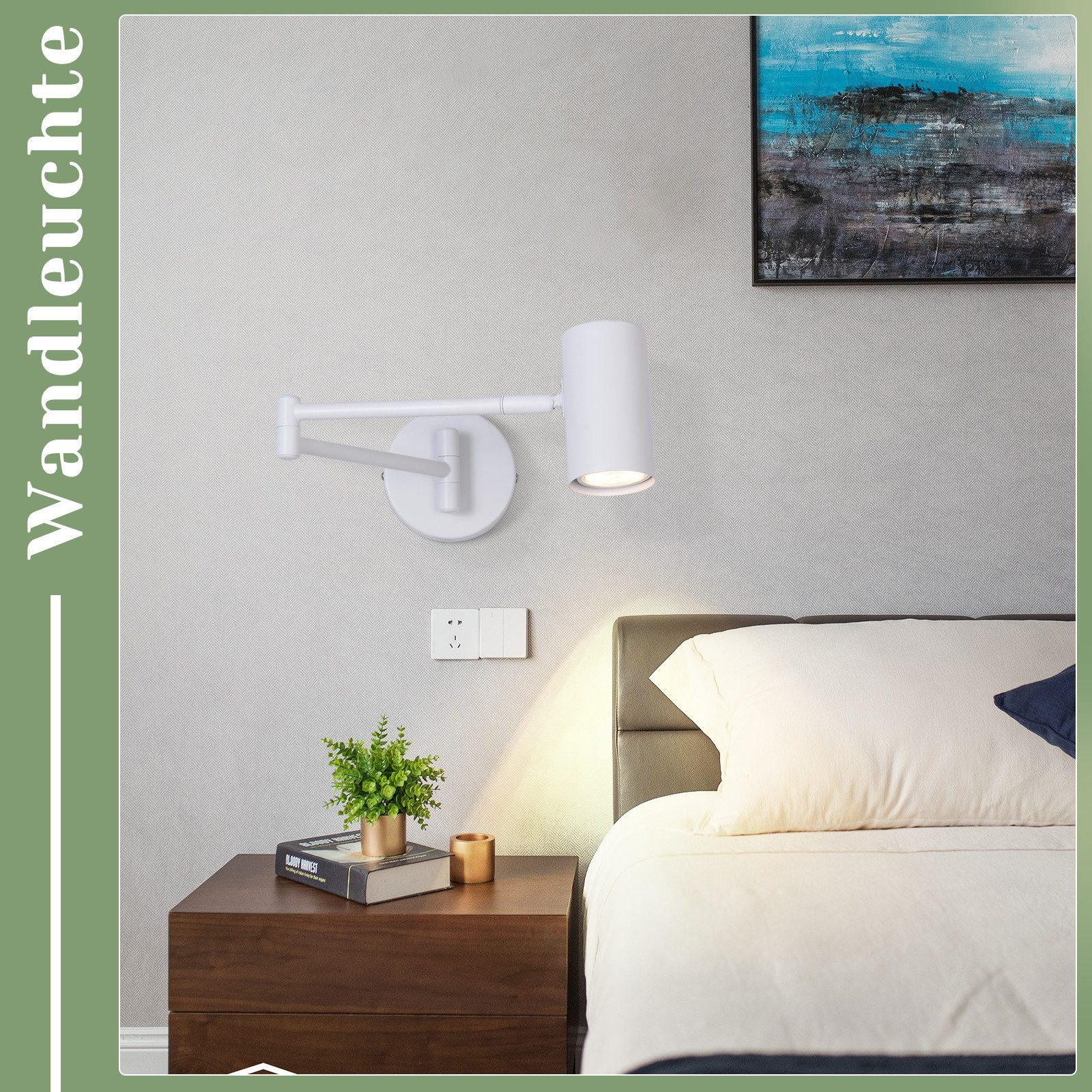 Lámpara de pared blanca en una pared sobre una cama, con una mesita de noche y obras de arte en una habitación.
