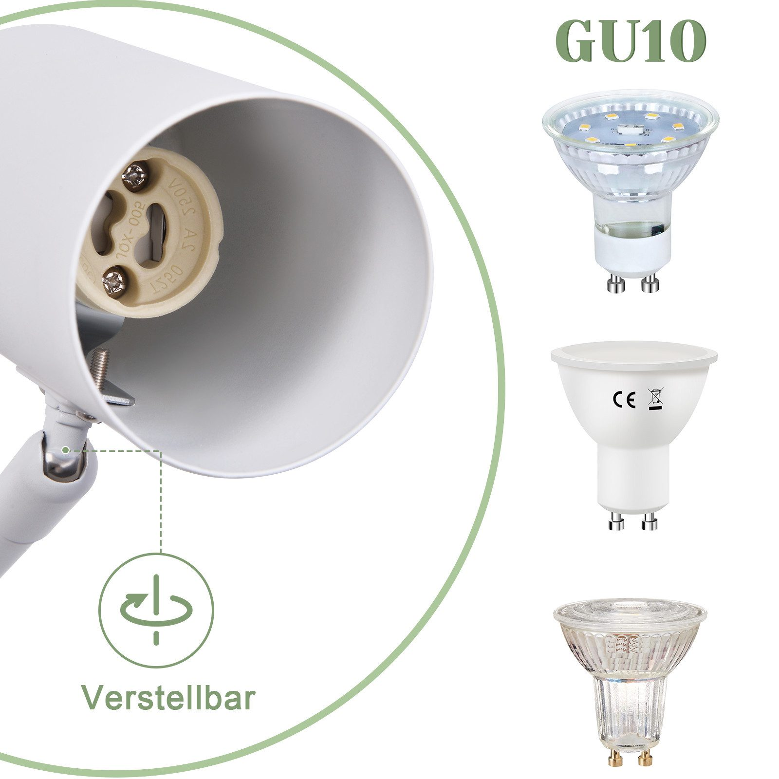 Un primo piano mostra una lampada da parete bianca regolabile e diverse lampadine GU10.