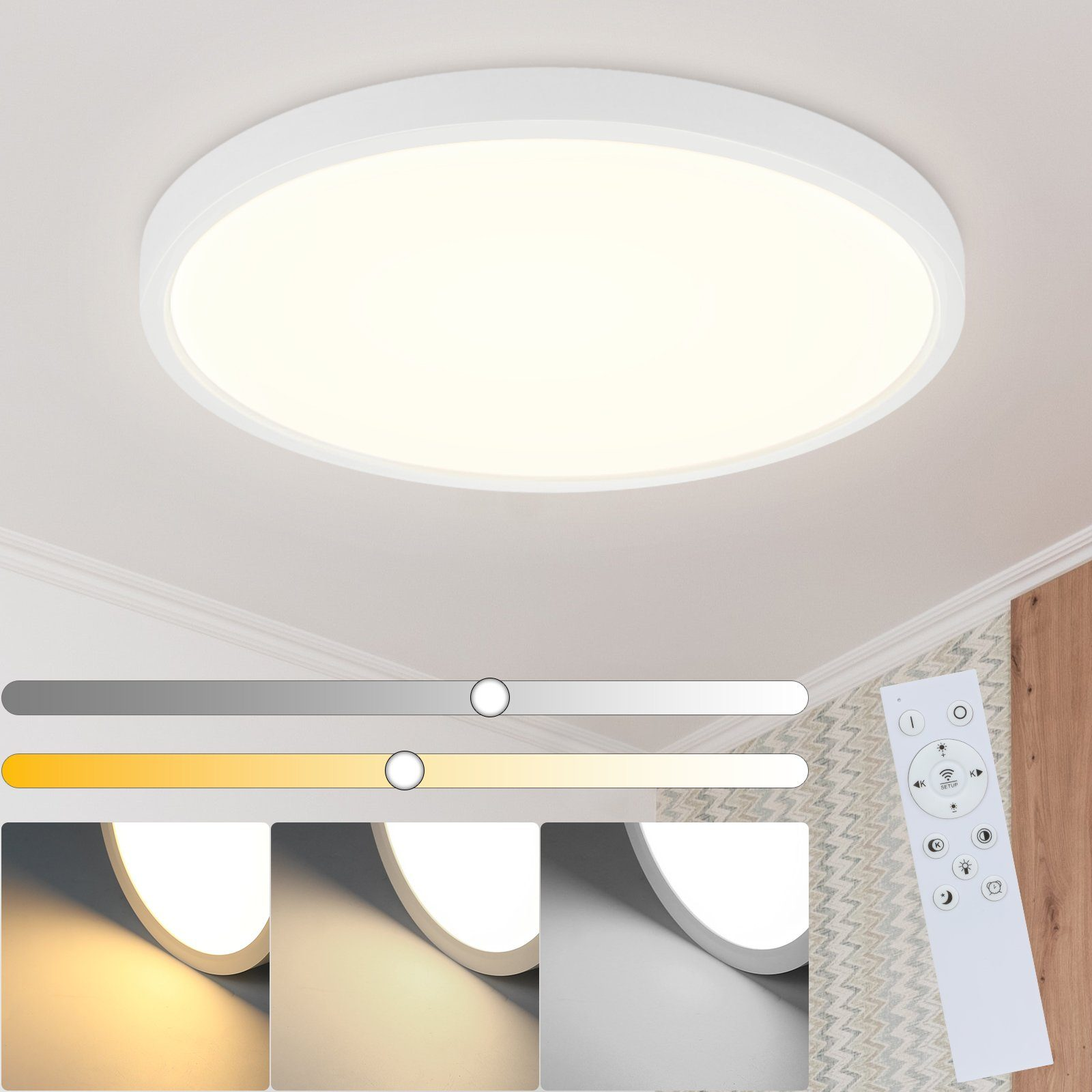 Eine runde, weiße Deckenlampe mit einstellbaren Lichteinstellungen und Fernbedienung.