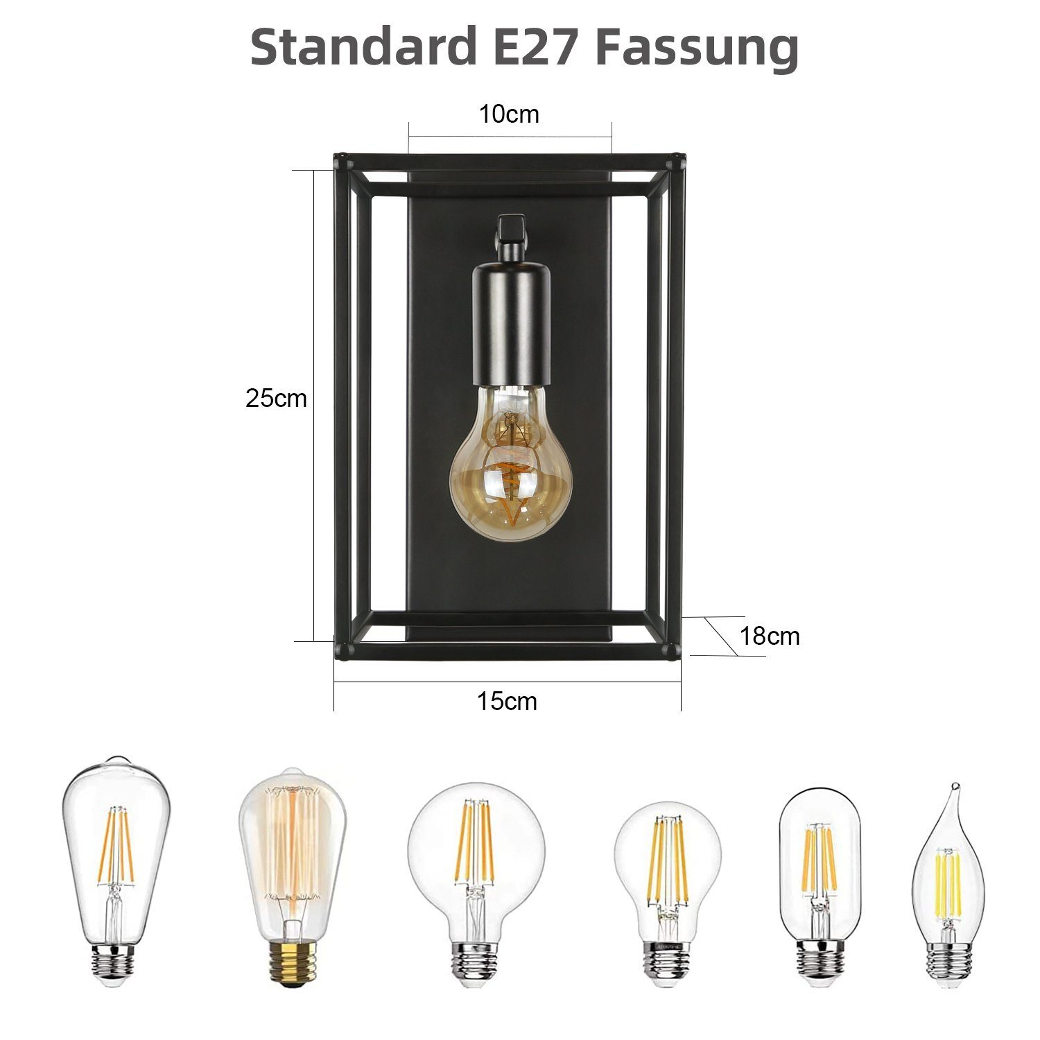 Diagramma della lampada nera con dimensioni e diversi stili di lampadine.