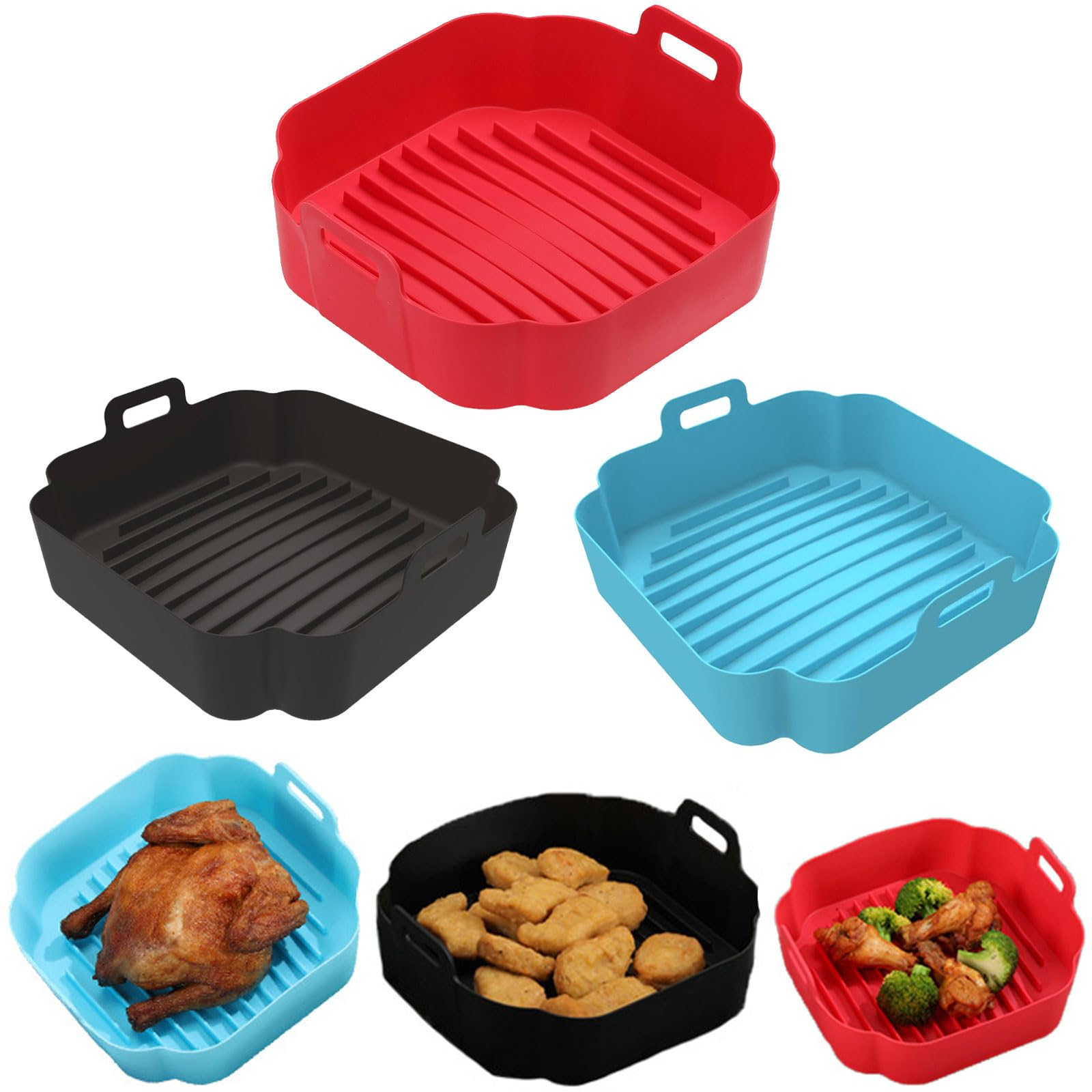 Rote, schwarze und blaue Silikon-Heißluftfritteusen-Tabletts mit Essen darin.
