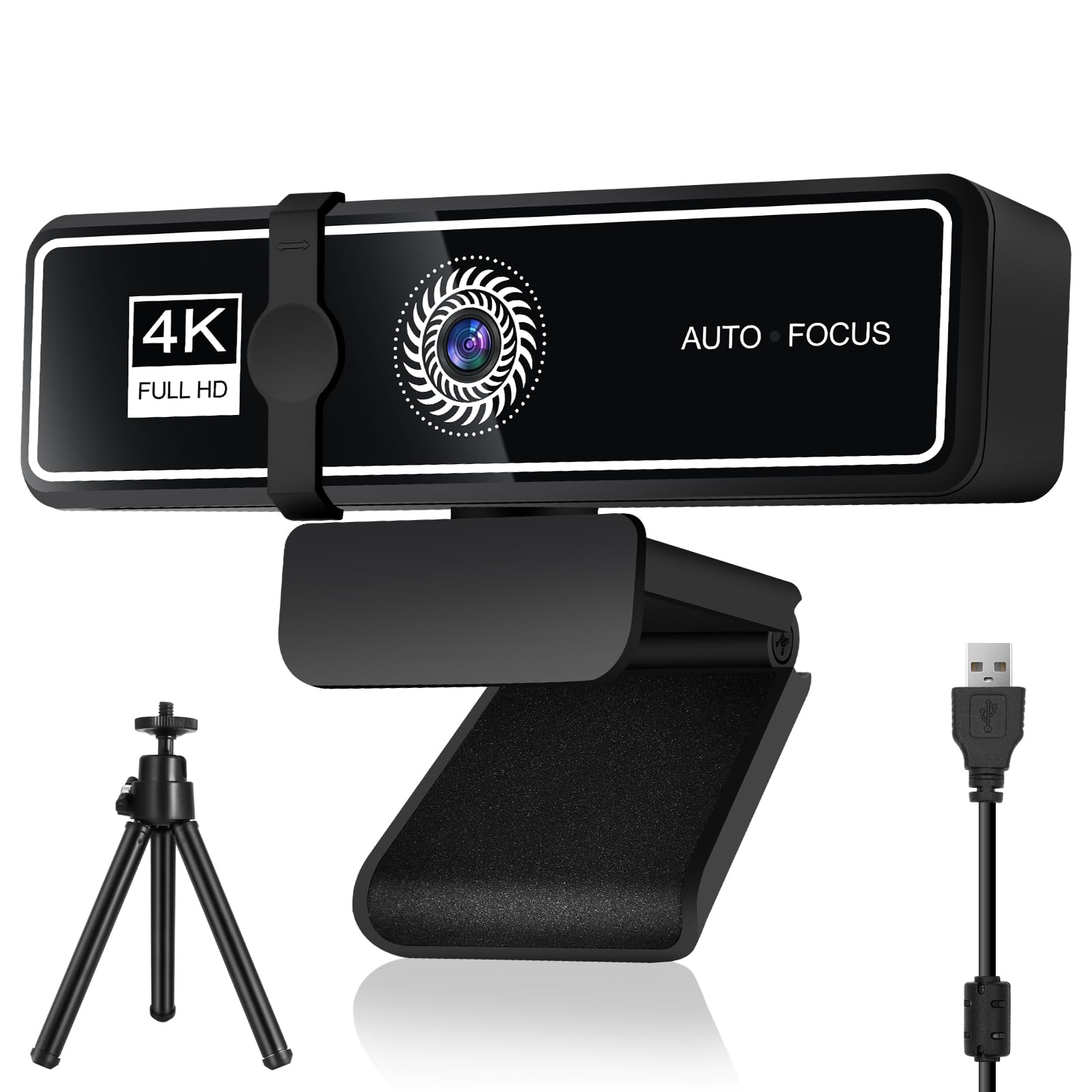 Schwarze Webcam mit '4K' und 'Auto Focus', plus Stativ und USB-Kabel.