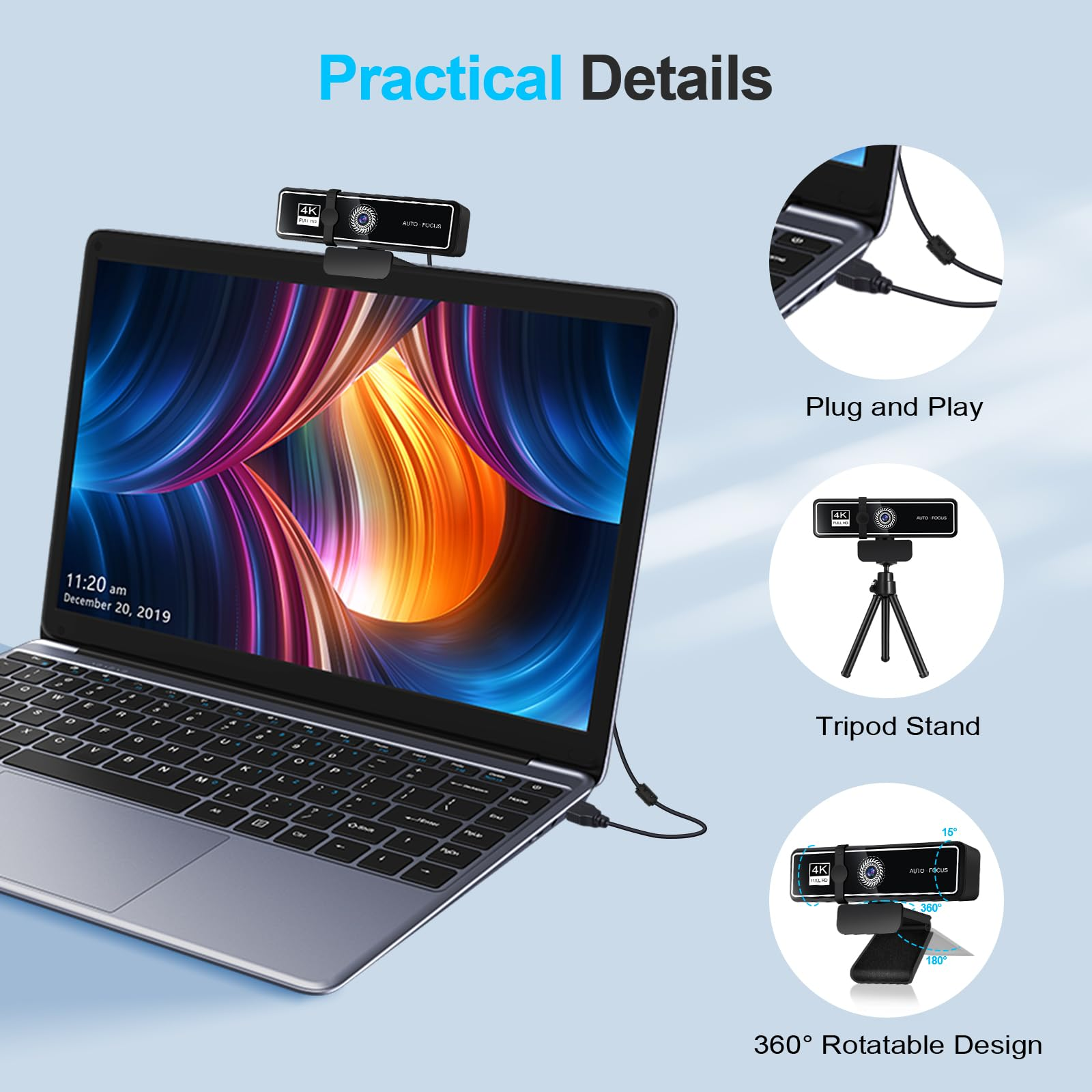 Webcam auf Laptop. Details: Plug & Play, Stativ, 360° drehbar. Laptop-Bildschirm zeigt farbenfrohes Bild.