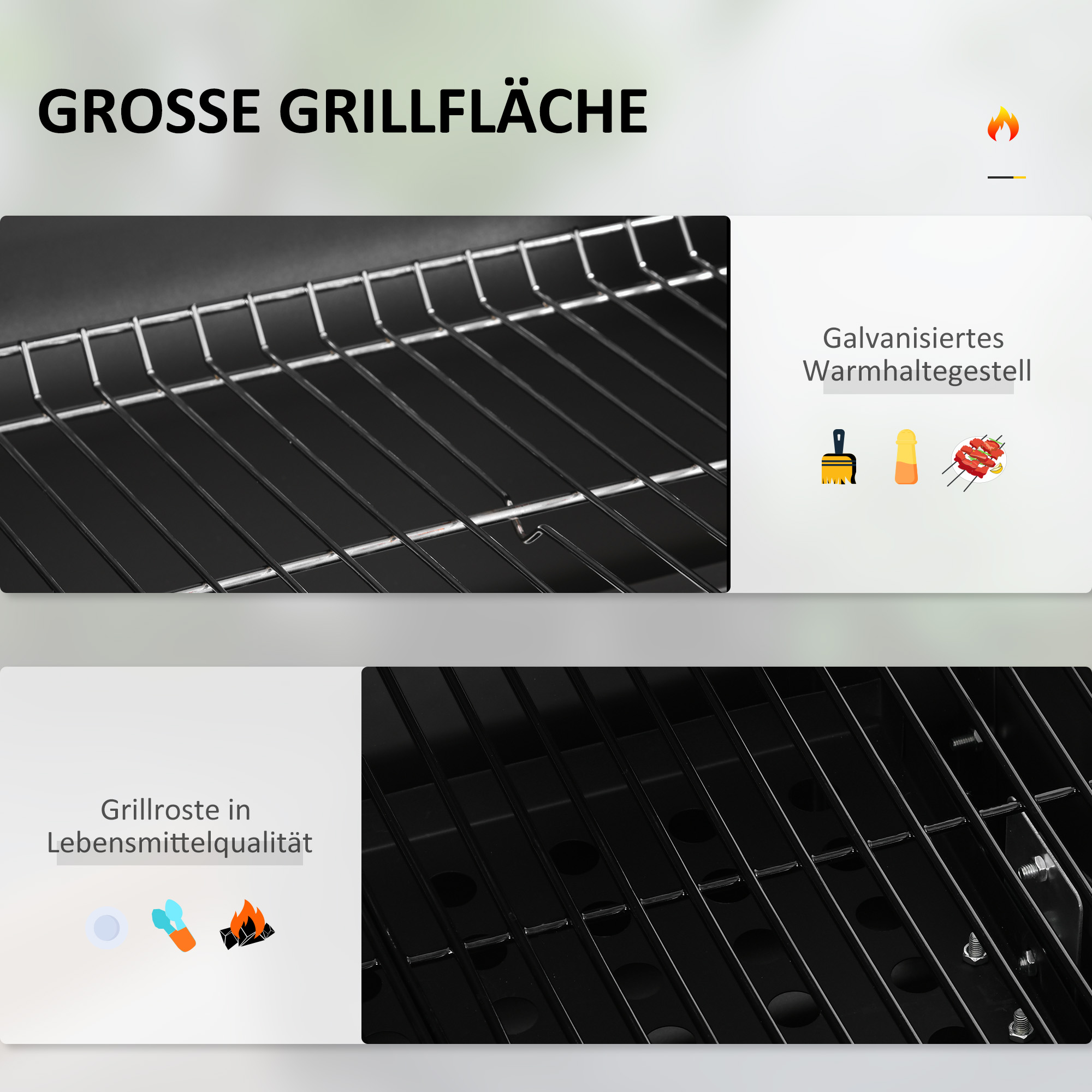 Nahaufnahme eines Grills mit schwarzen Rosten und einem Abschnitt mit deutschem Text. Der Hintergrund ist weiß.