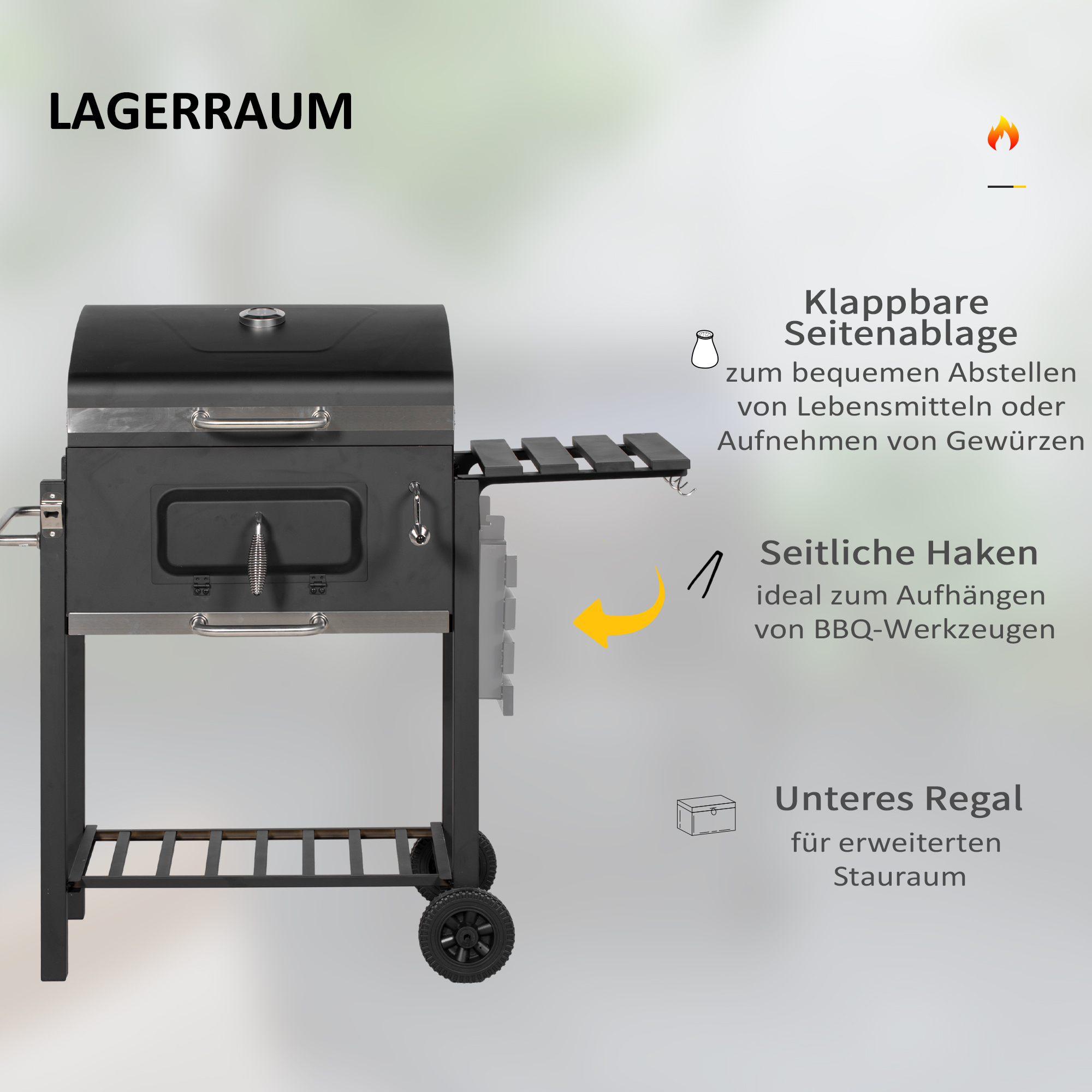 Schwarzer BBQ-Grill. Seitenansicht mit Ablage und Beistelltisch. Text in Deutsch.