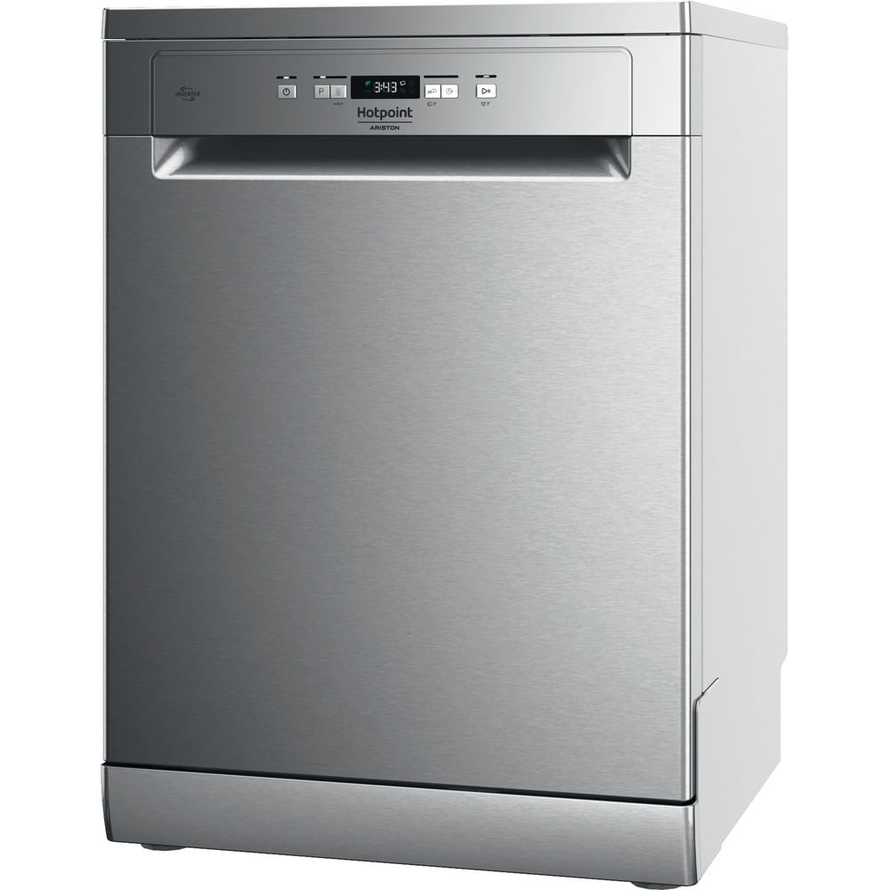 Un lavavajillas Hotpoint plateado con la puerta cerrada, mostrando un panel de control, sobre un fondo blanco.