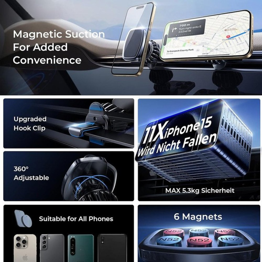 Kfz-Telefonhalterung mit Telefon, das Navigation zeigt, mehrere Bilder der Halterung und Telefonmodelle.