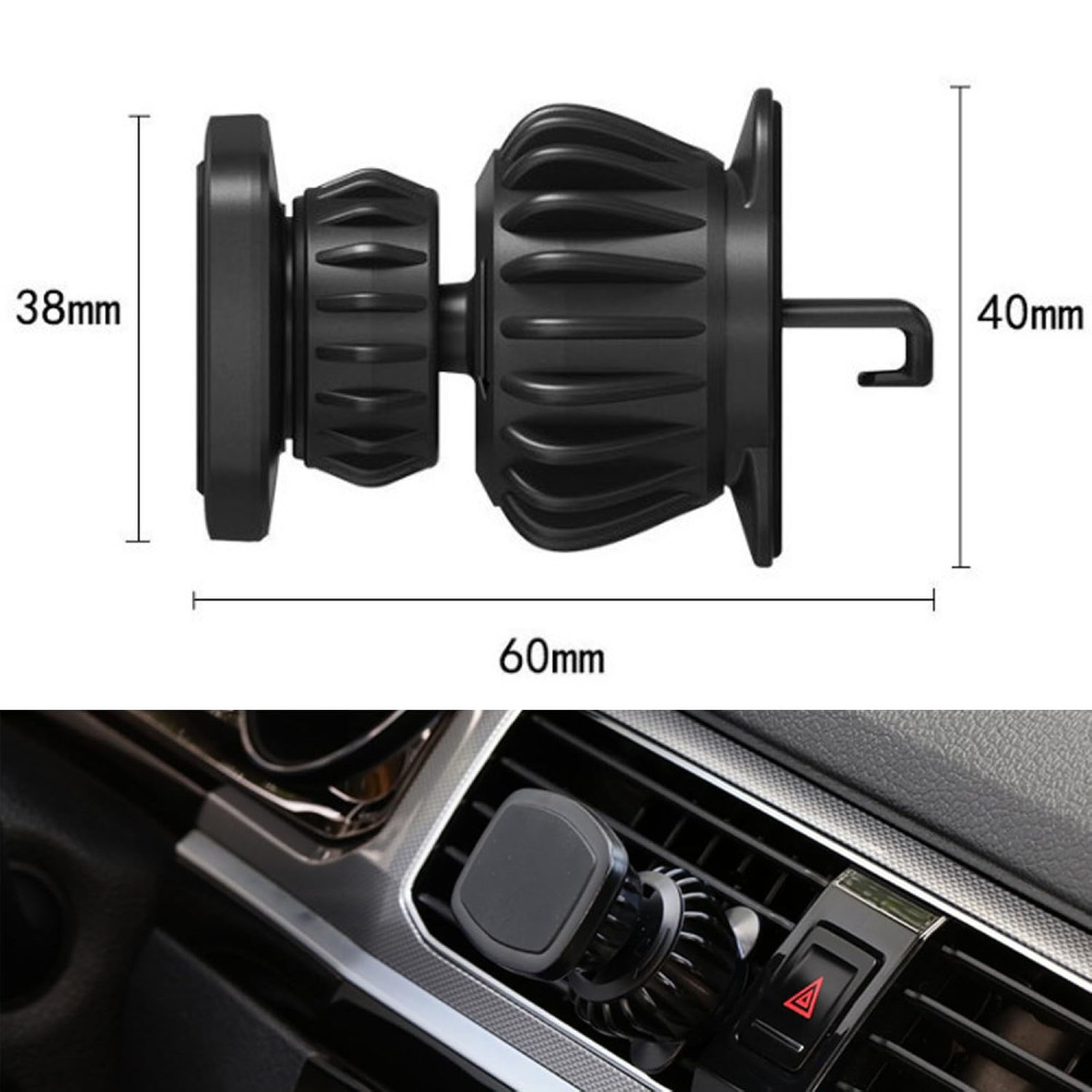 Autolüftungs-Telefonhalterung. Die Abmessungen sind sichtbar: 38 mm, 40 mm und 60 mm. Schwarze Farbe.