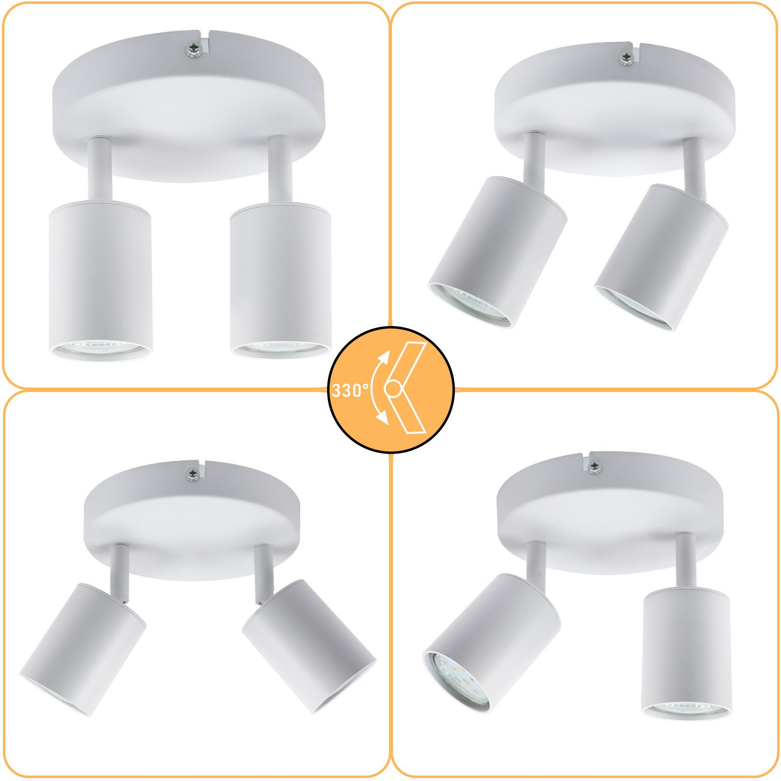 Quattro immagini di faretti da soffitto bianchi in diverse configurazioni su sfondo bianco.