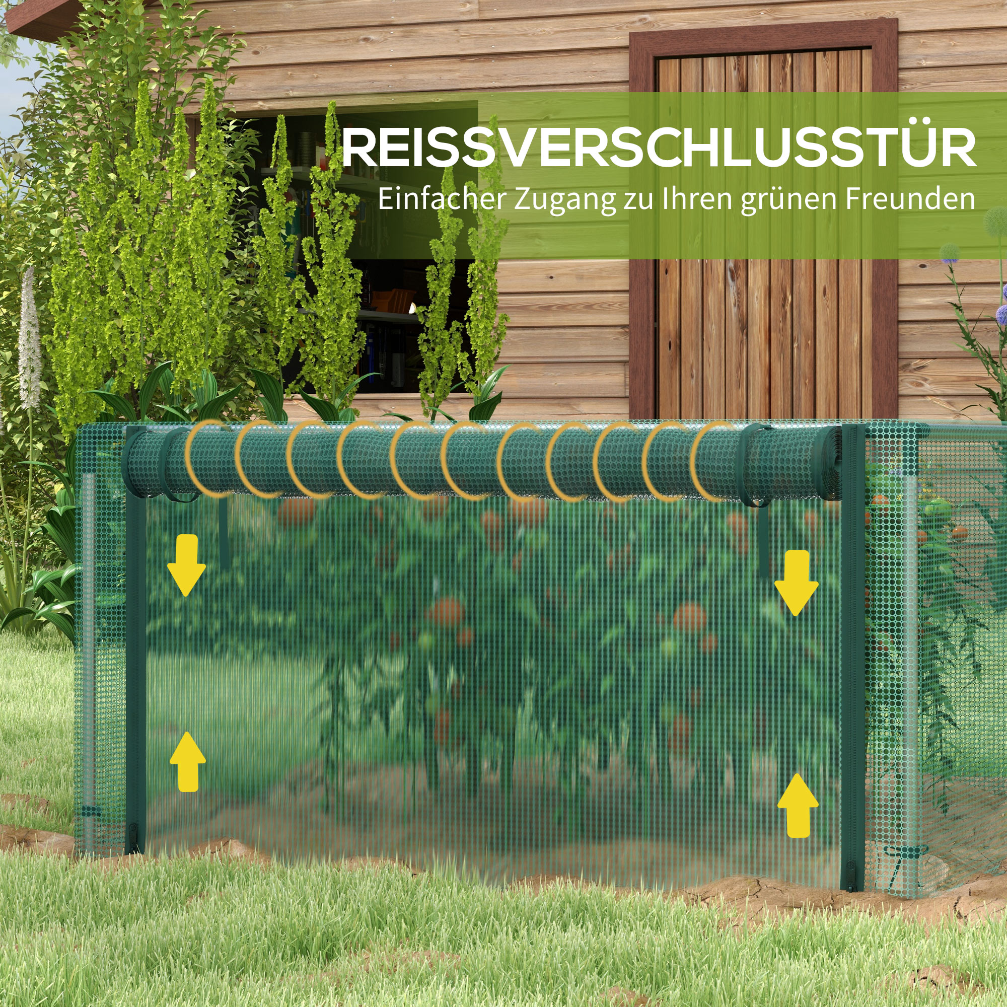 Eine grüne Maschenpflanzen-Umzäunung mit Reißverschlusstür und Pfeilen, in einer Gartenszene.