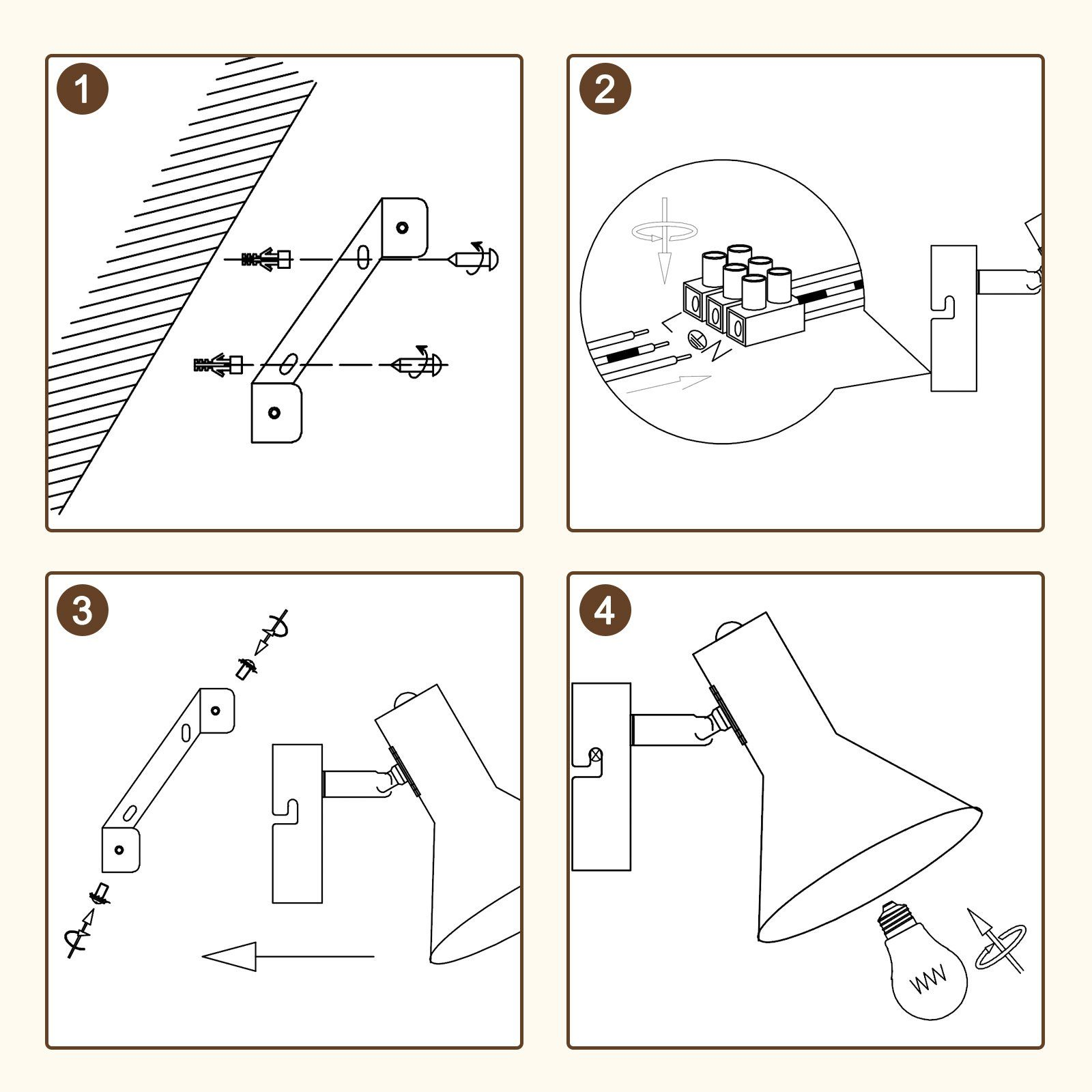 Istruzioni passo-passo per l'installazione di un'apparecchio a parete, con diagrammi.