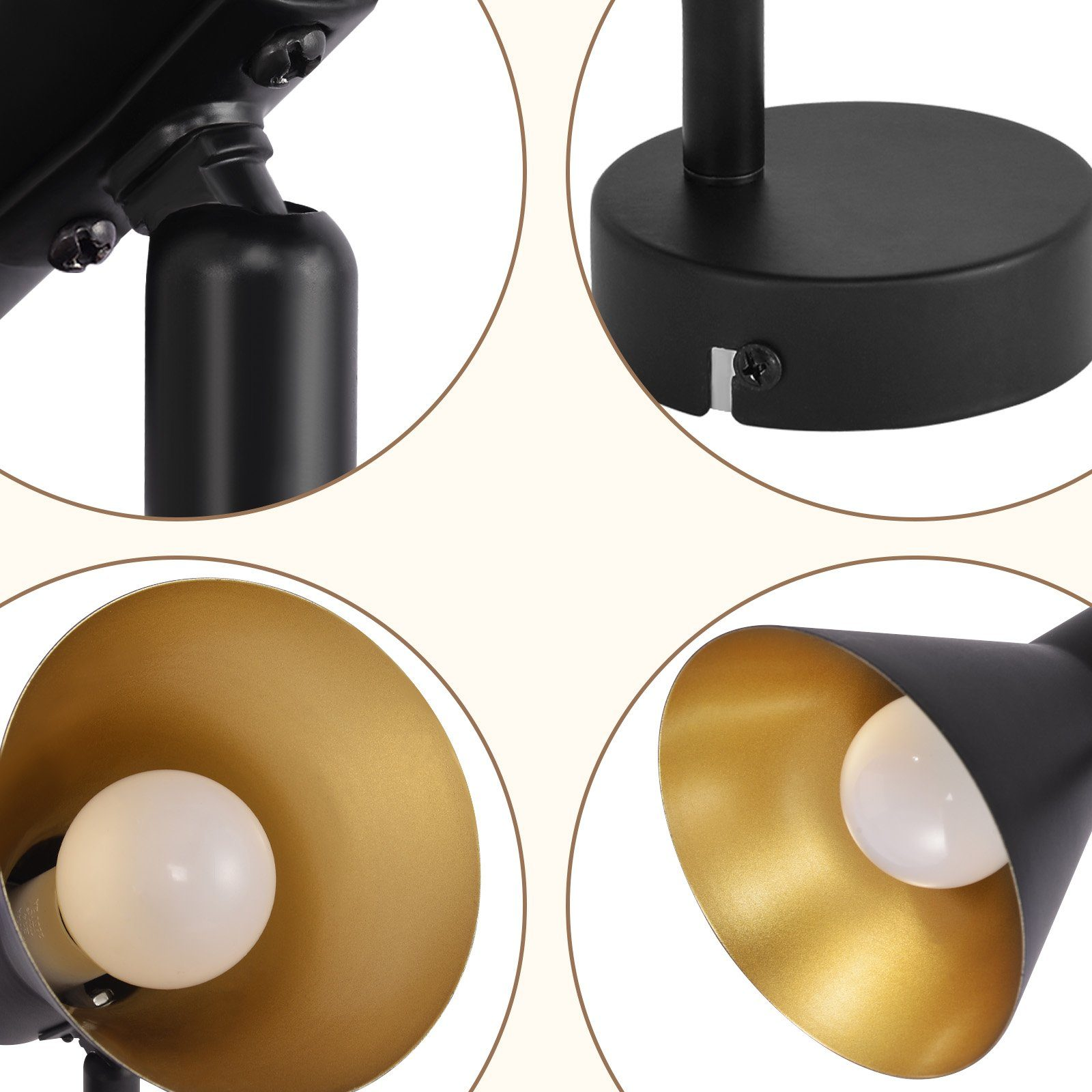 Primo piano di una lampada nera con interno dorato. Include parti della lampadina e della base della lampada.