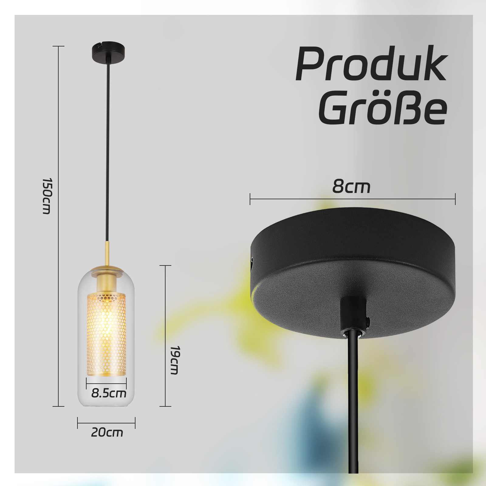 Diagramma di una lampada a sospensione con dimensioni: 150 cm, 19 cm, 8,5 cm, 8 cm, 20 cm.