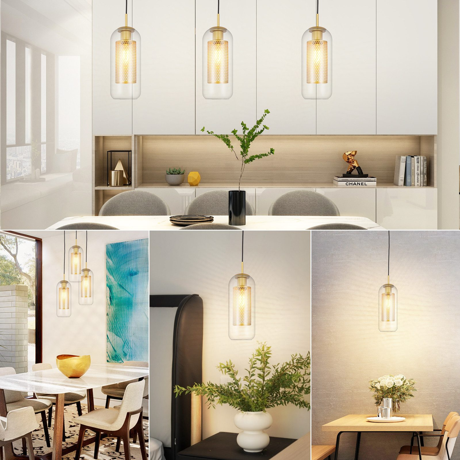 Immagini multiple di lampade a sospensione. Varie ambientazioni, sala da pranzo, soggiorno e primi piani.