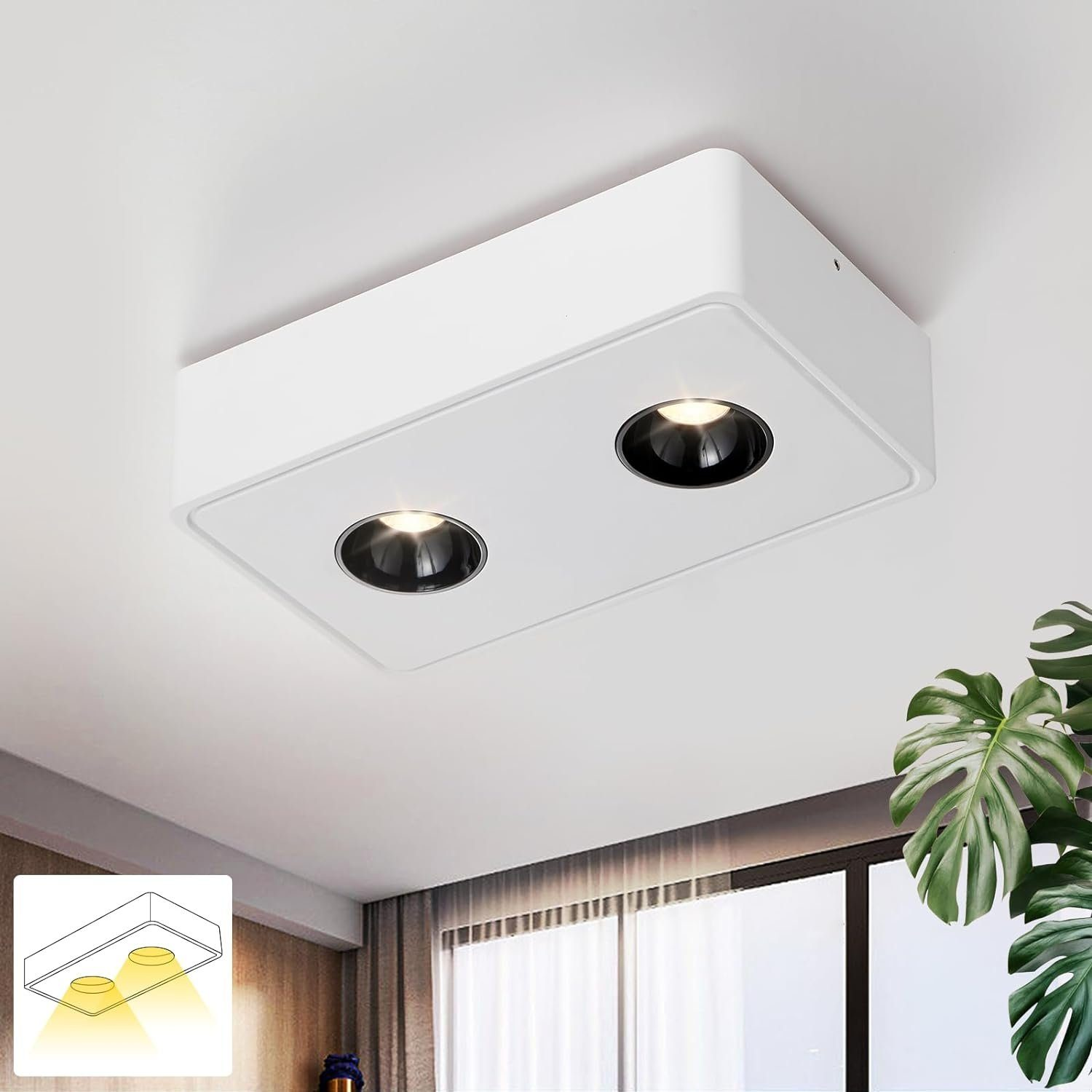 Luz de techo blanca, rectangular, con dos focos empotrados. Las luces están encendidas.