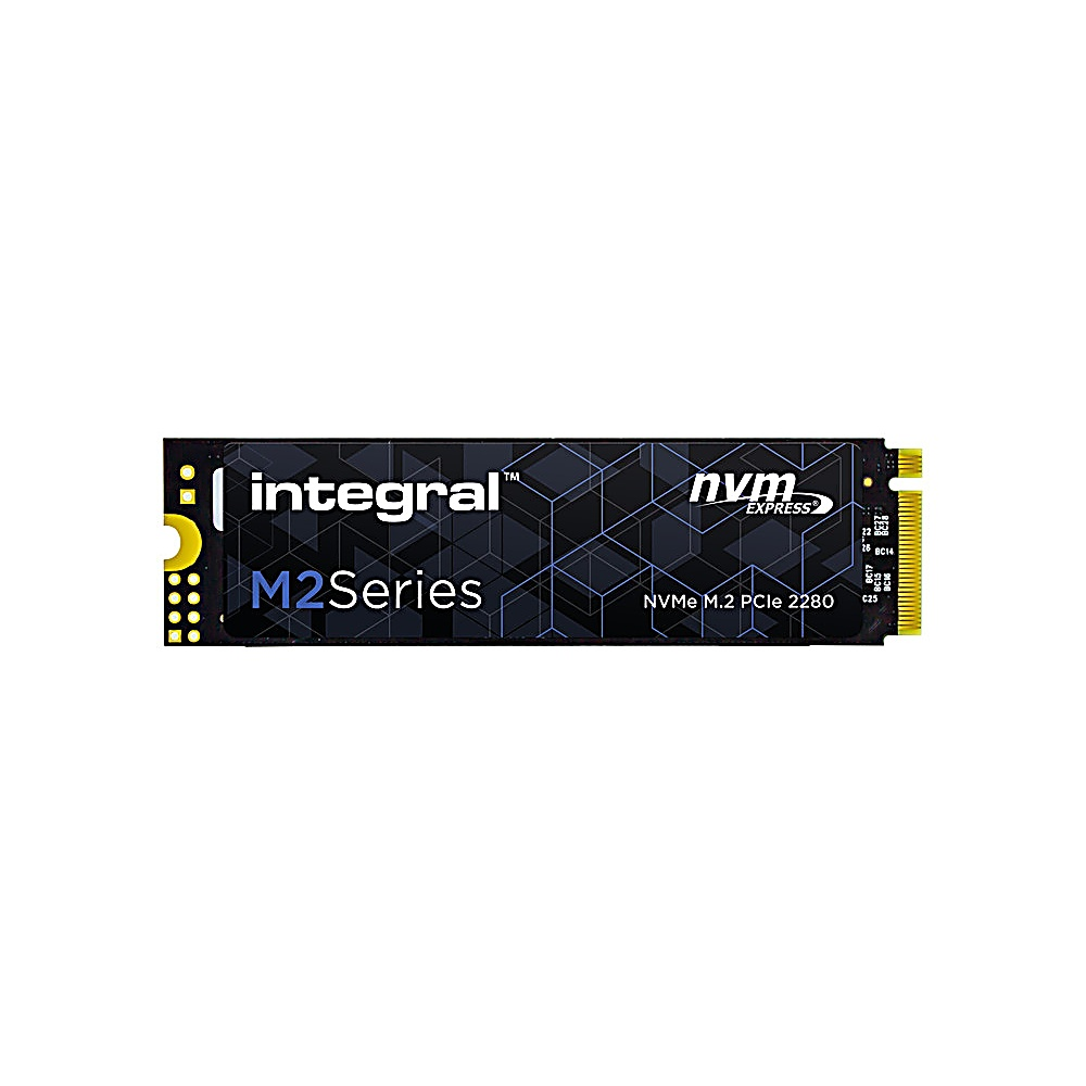 Czarny dysk SSD M.2 NVMe z napisem "integral" z logo marki na białym tle.