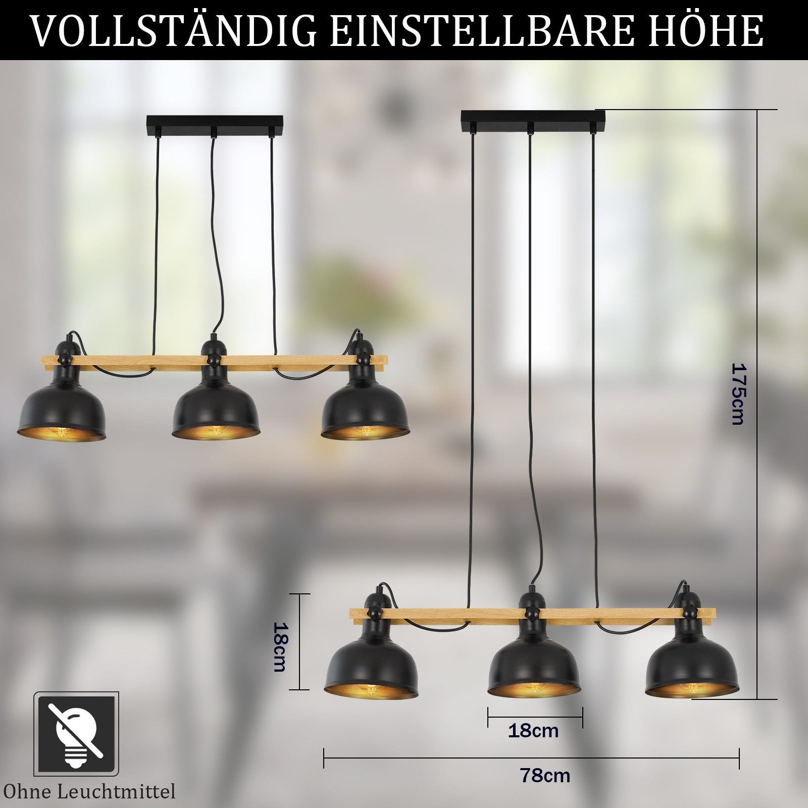 Trzy czarne lampy wiszące z drewnianą belką, pokazano różne wysokości. Tekst po niemiecku.