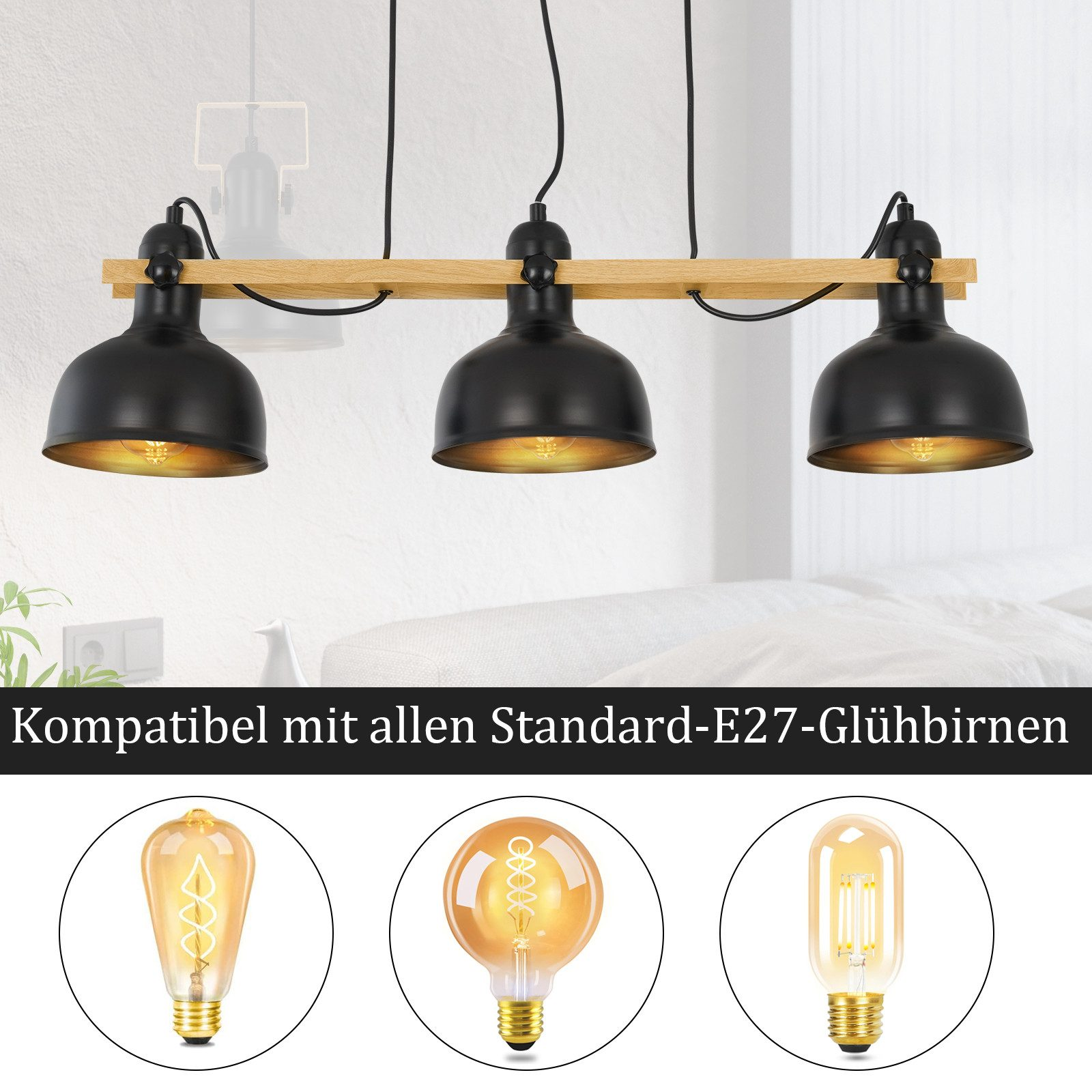 Trzy czarne lampy wiszące z drewnianą belką, każda z widoczną żarówką.