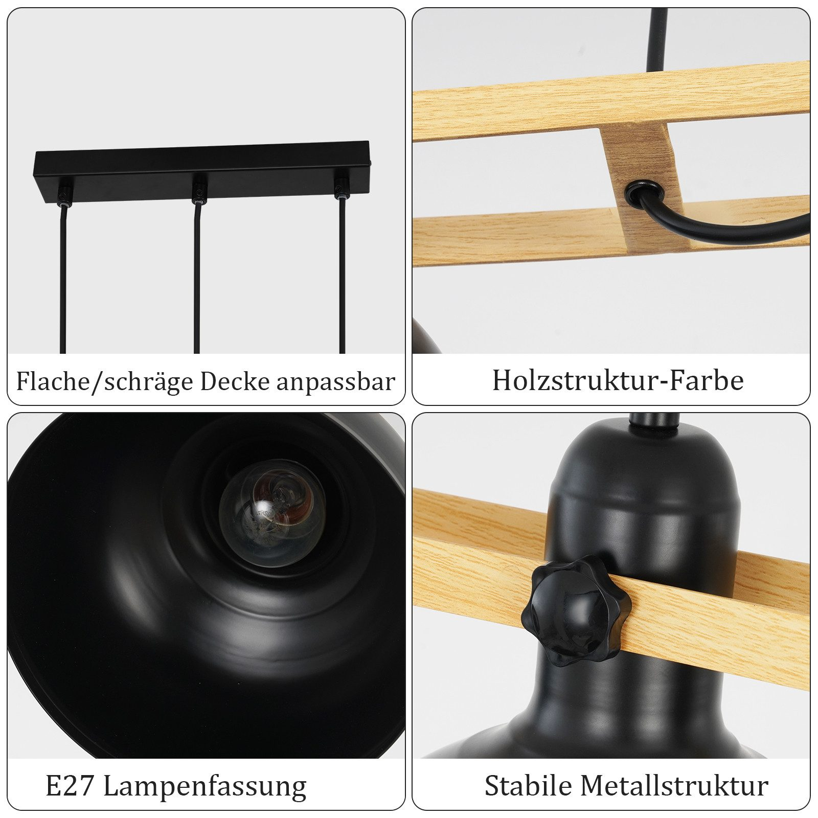 Zbliżenie czarnej lampy z drewnianymi akcentami, ze szczegółami oprawy oświetleniowej.