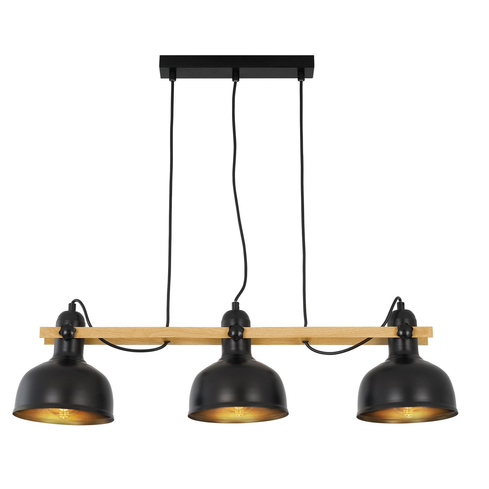 Drei schwarze Pendelleuchten mit Holzbalken, jede mit sichtbarer Glühbirne.
