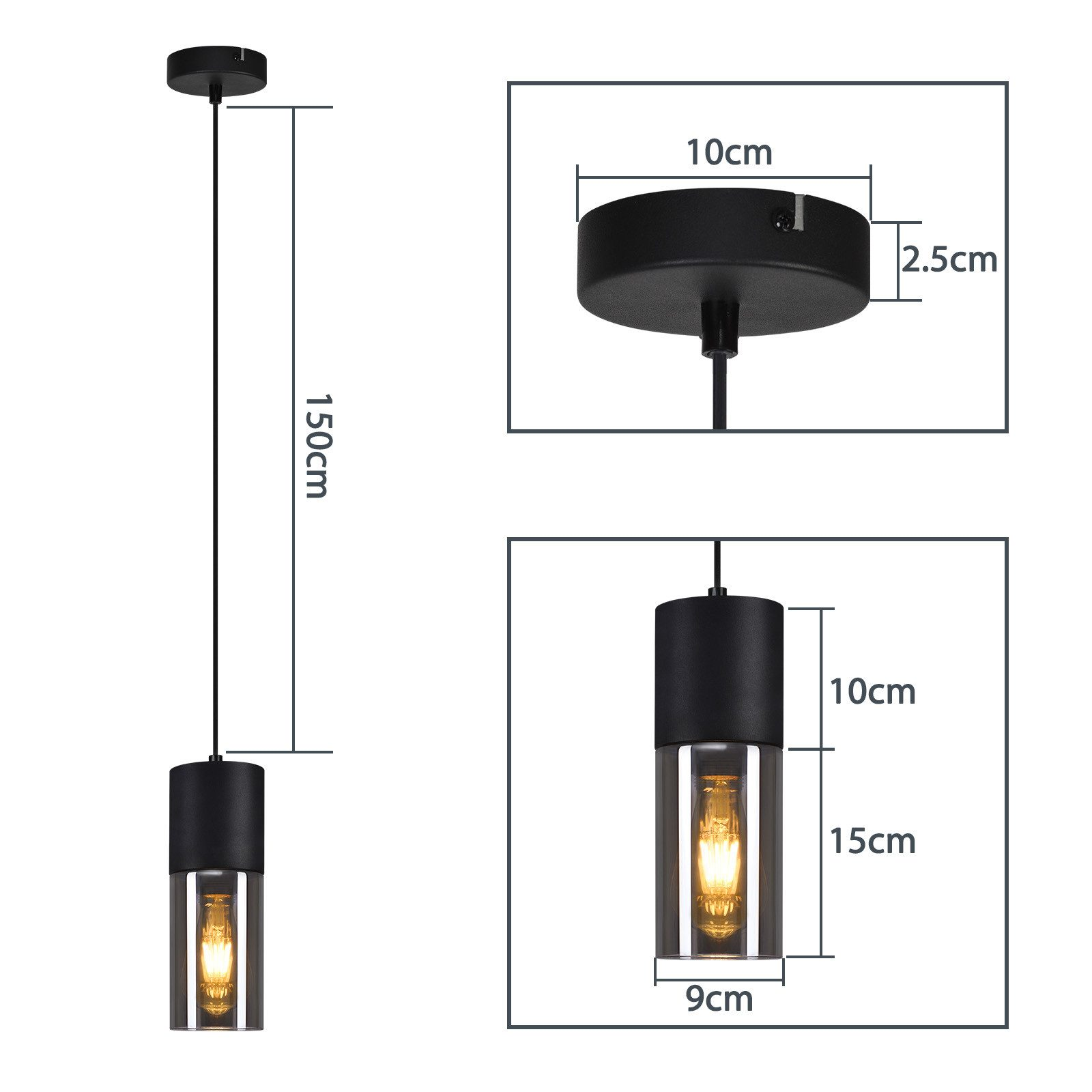 Czarna lampa wisząca, wymiary pokazane, z widoczną, podświetloną żarówką.