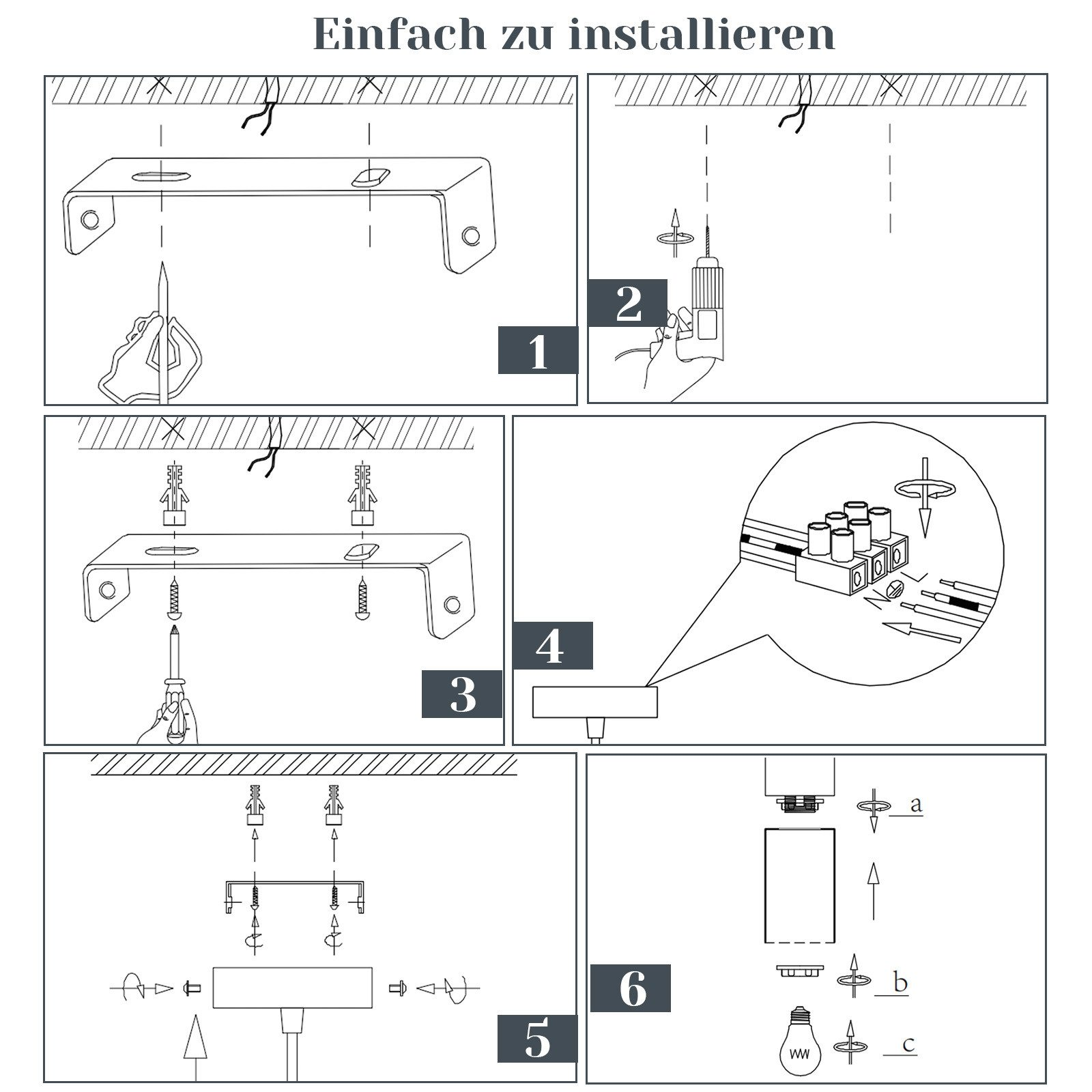 Anweisungen zur Installation einer Leuchte; Schritte mit Diagrammen und Werkzeugen gezeigt.