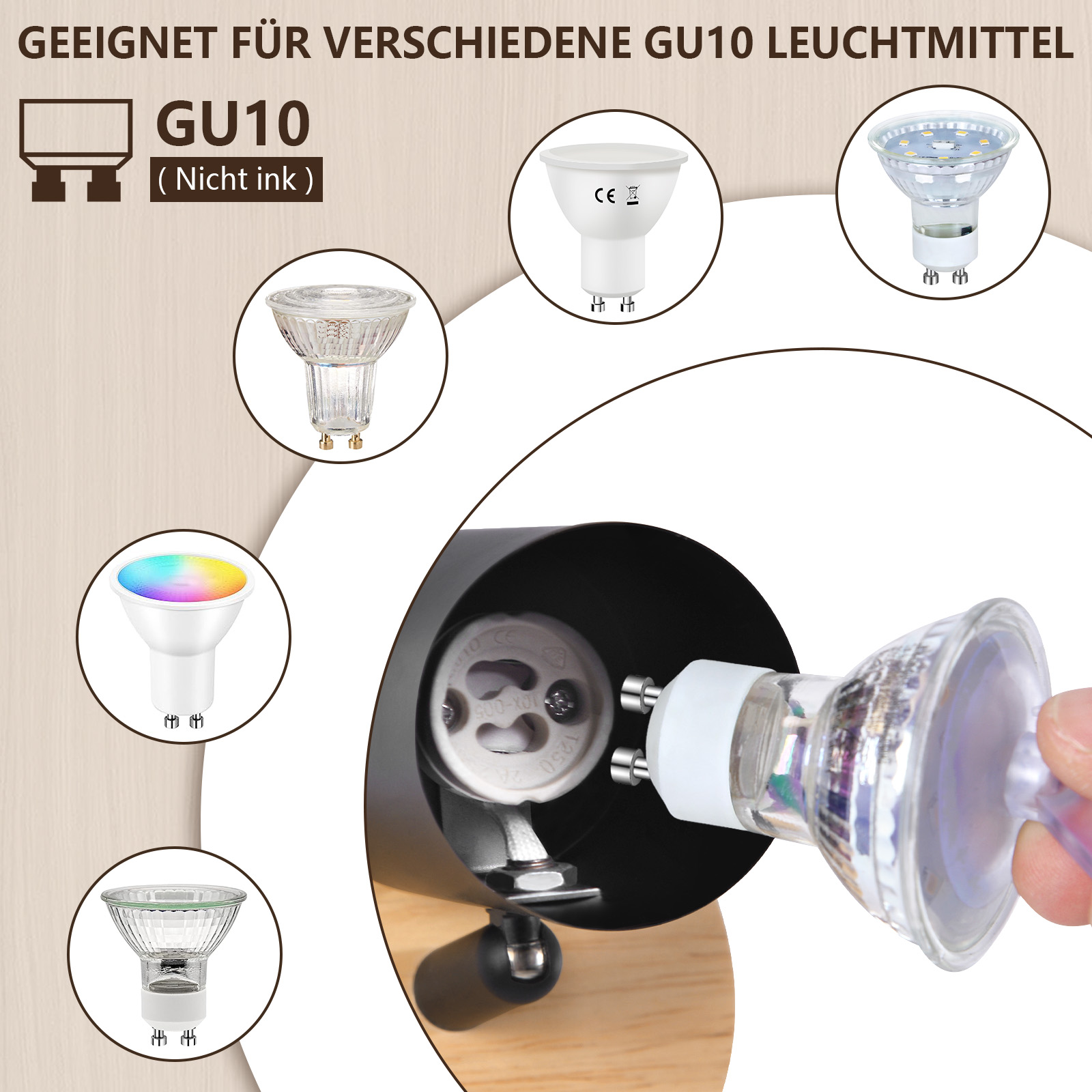 Primo piano che mostra varie lampadine GU10 e un portalampada con una mano che ne inserisce una.