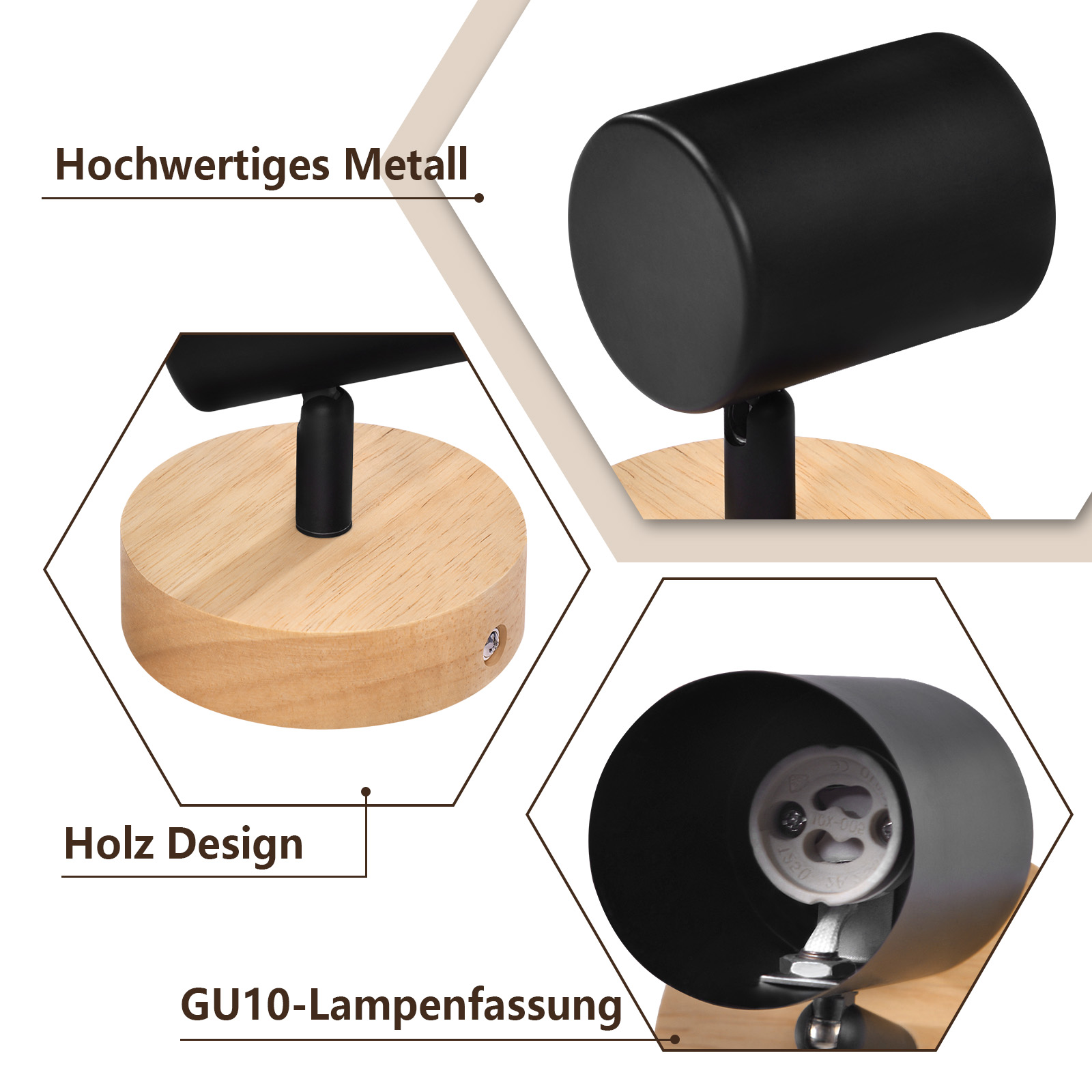 Primo piano di una lampada da parete nera e in legno che mostra i suoi componenti e il portalampada GU10.