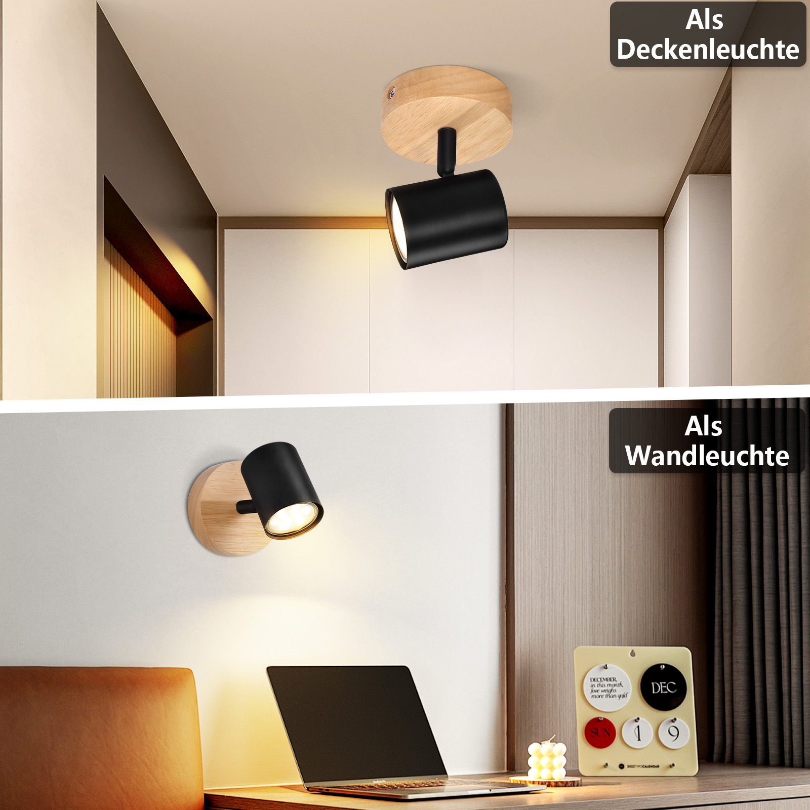 Un faretto nero attaccato a una base circolare in legno, mostrato come luce da soffitto e da parete.
