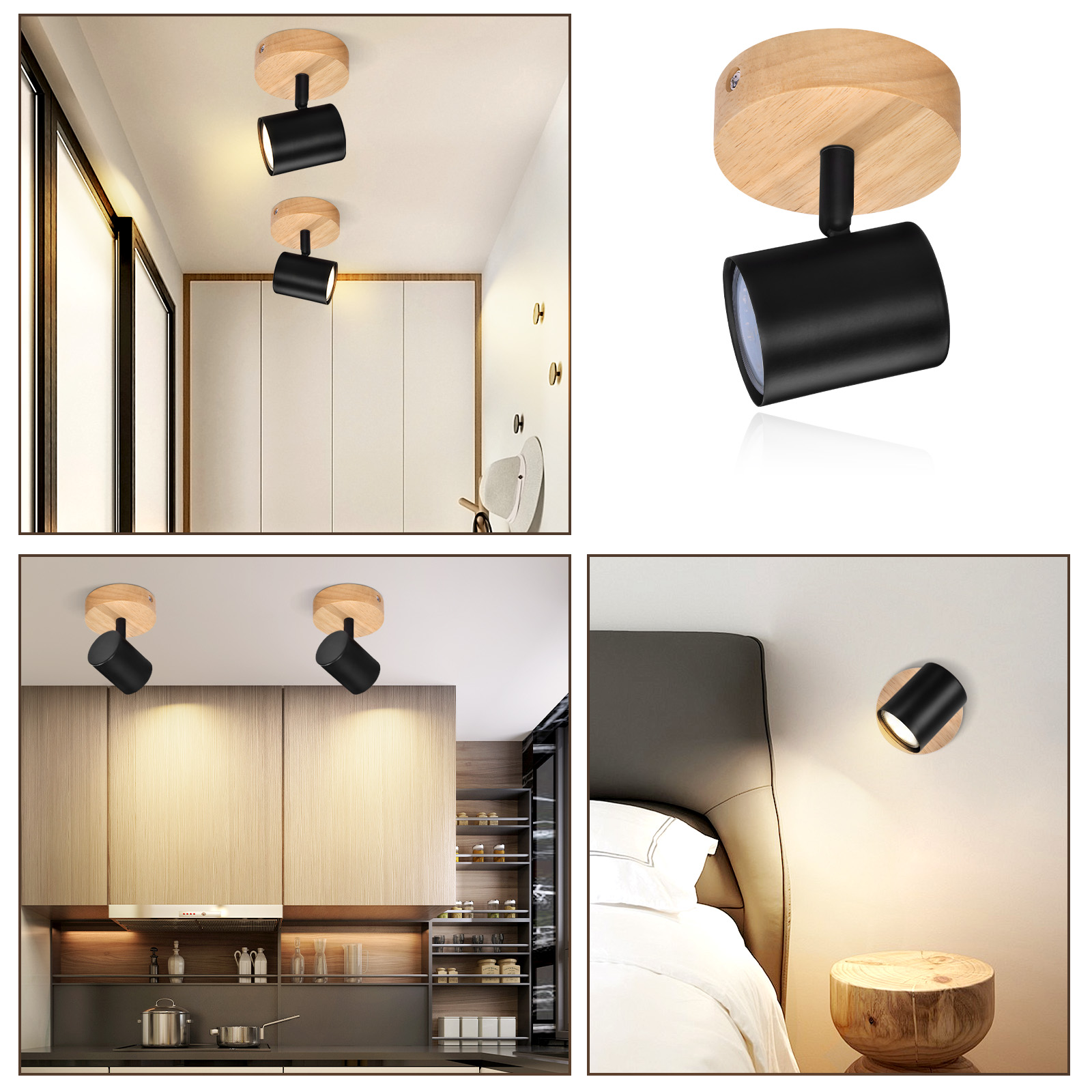 Diverse viste di faretti da soffitto moderni neri e in legno in diversi ambienti interni.