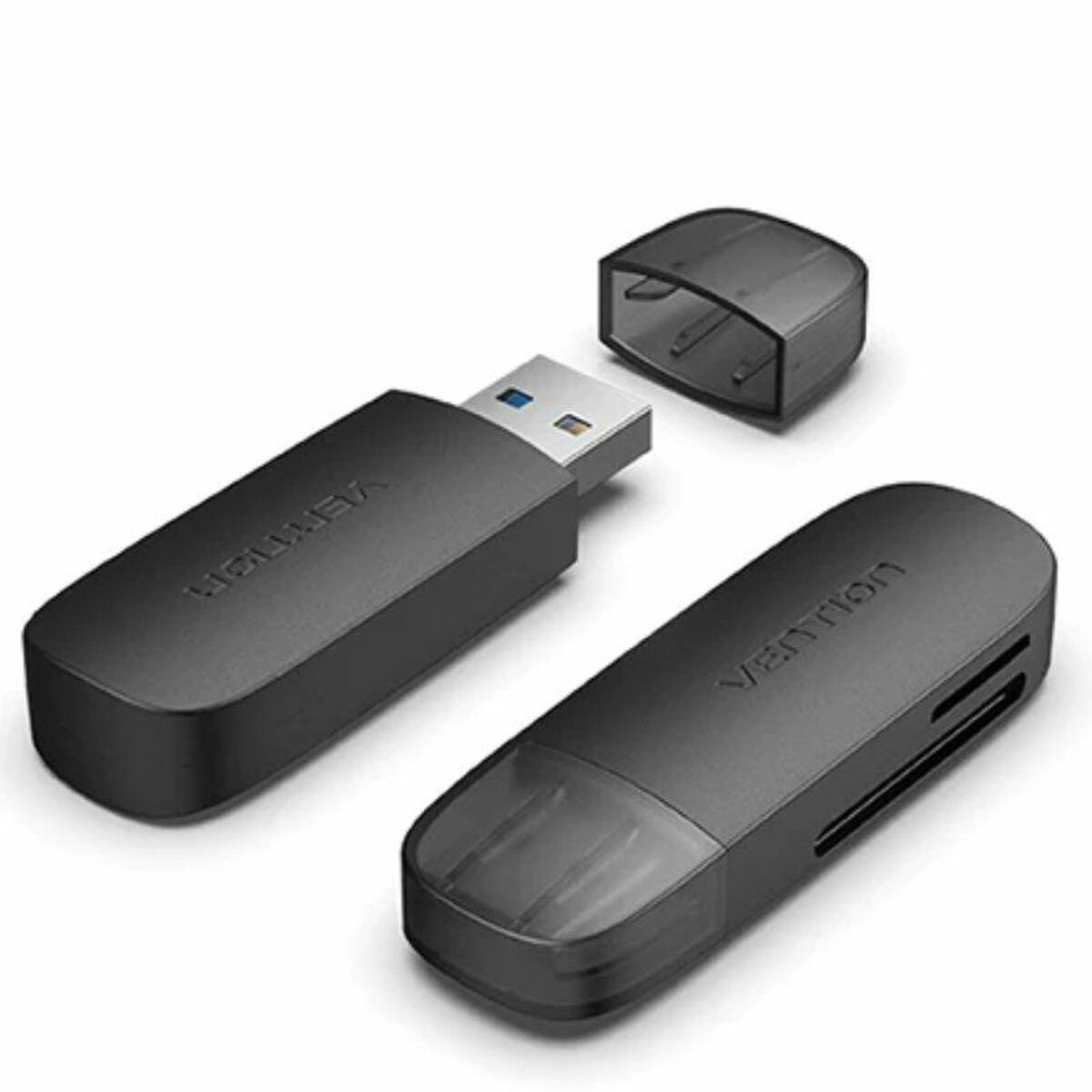 Dwa czarne pendrive'y USB, jeden bez nasadki, na białej powierzchni.