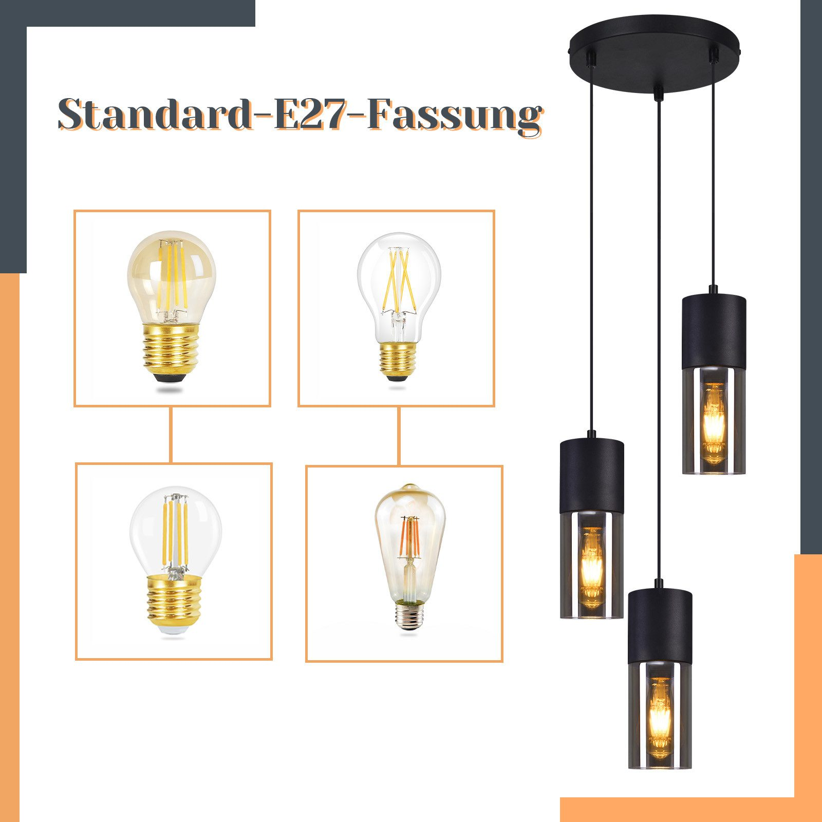 Lampade a sospensione con diversi tipi di lampadine, appese a un supporto nero.