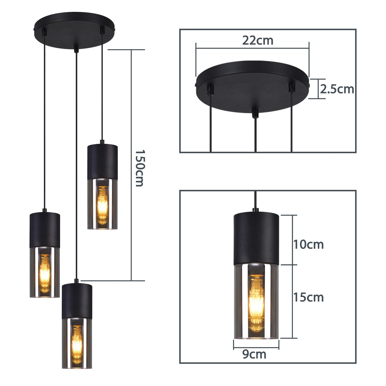 Tre lampade a sospensione nere con paralumi cilindrici, ciascuna con un centro in vetro e una lampadina calda.
