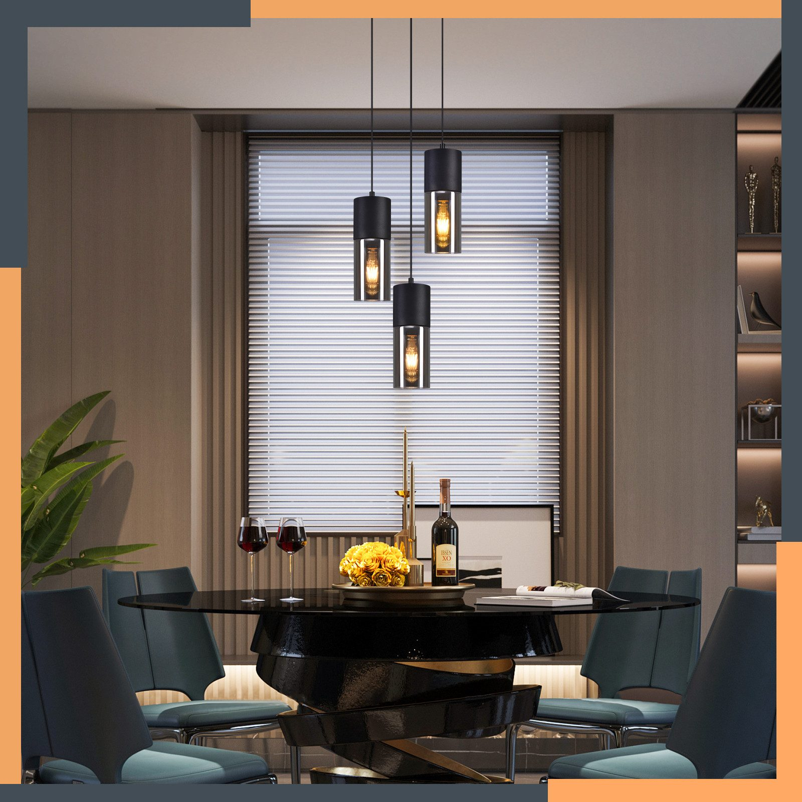 Esszimmer mit rundem schwarzem Tisch, Pendelleuchten und Weingläsern. Innenarchitekturkonzept.