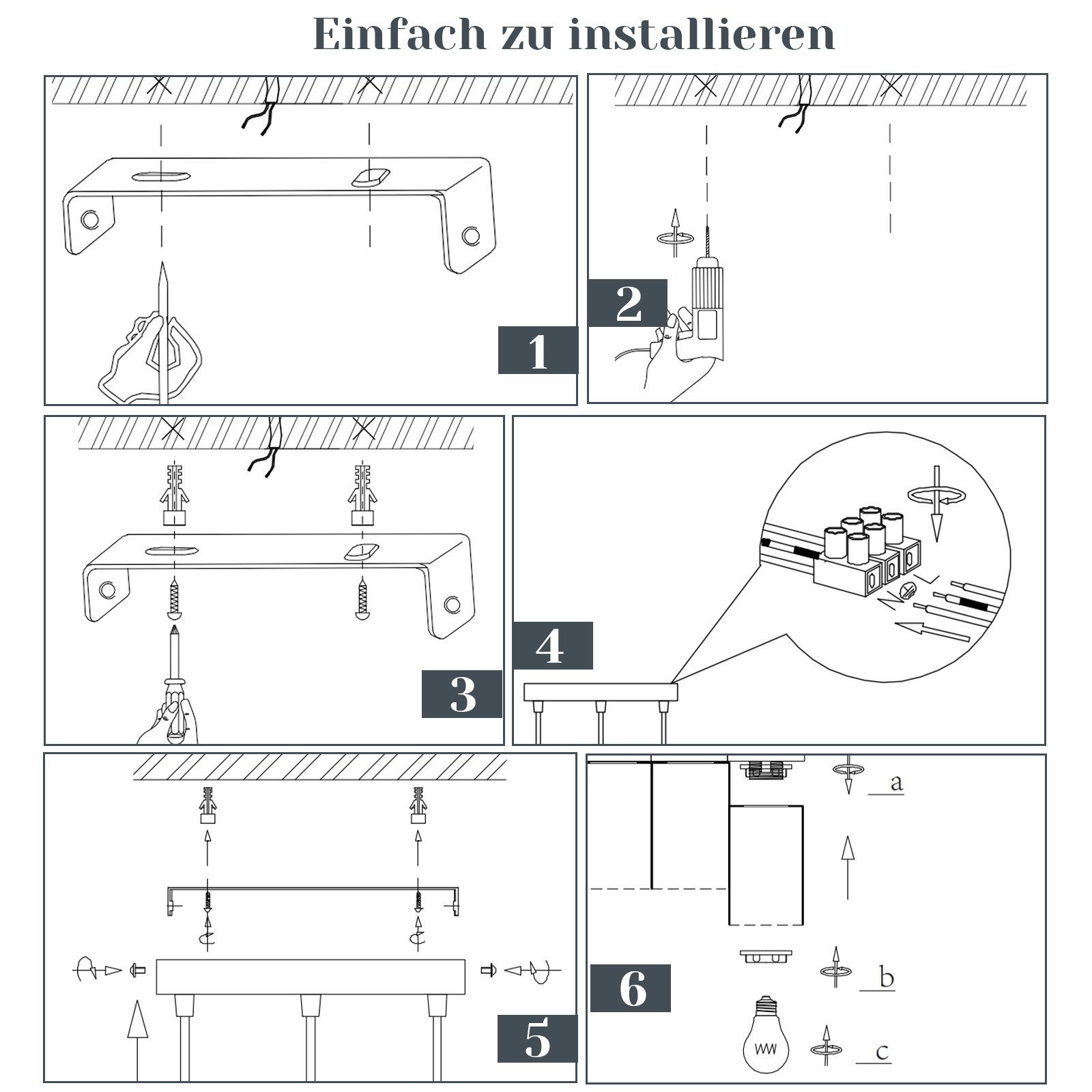 Guida passo passo che mostra come installare un apparecchio di illuminazione, con diagrammi e illustrazioni.