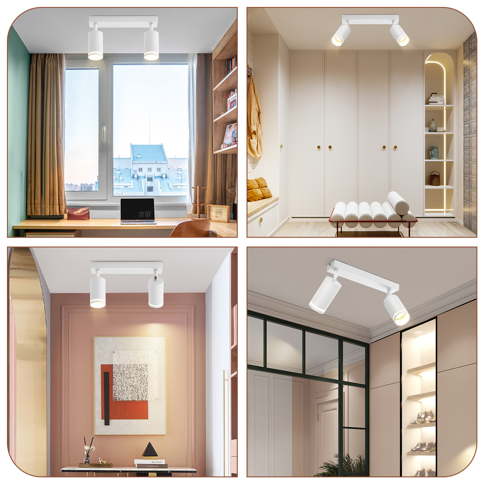 Quattro immagini di faretti bianchi in stanze diverse, che mostrano vari ambienti di interior design.
